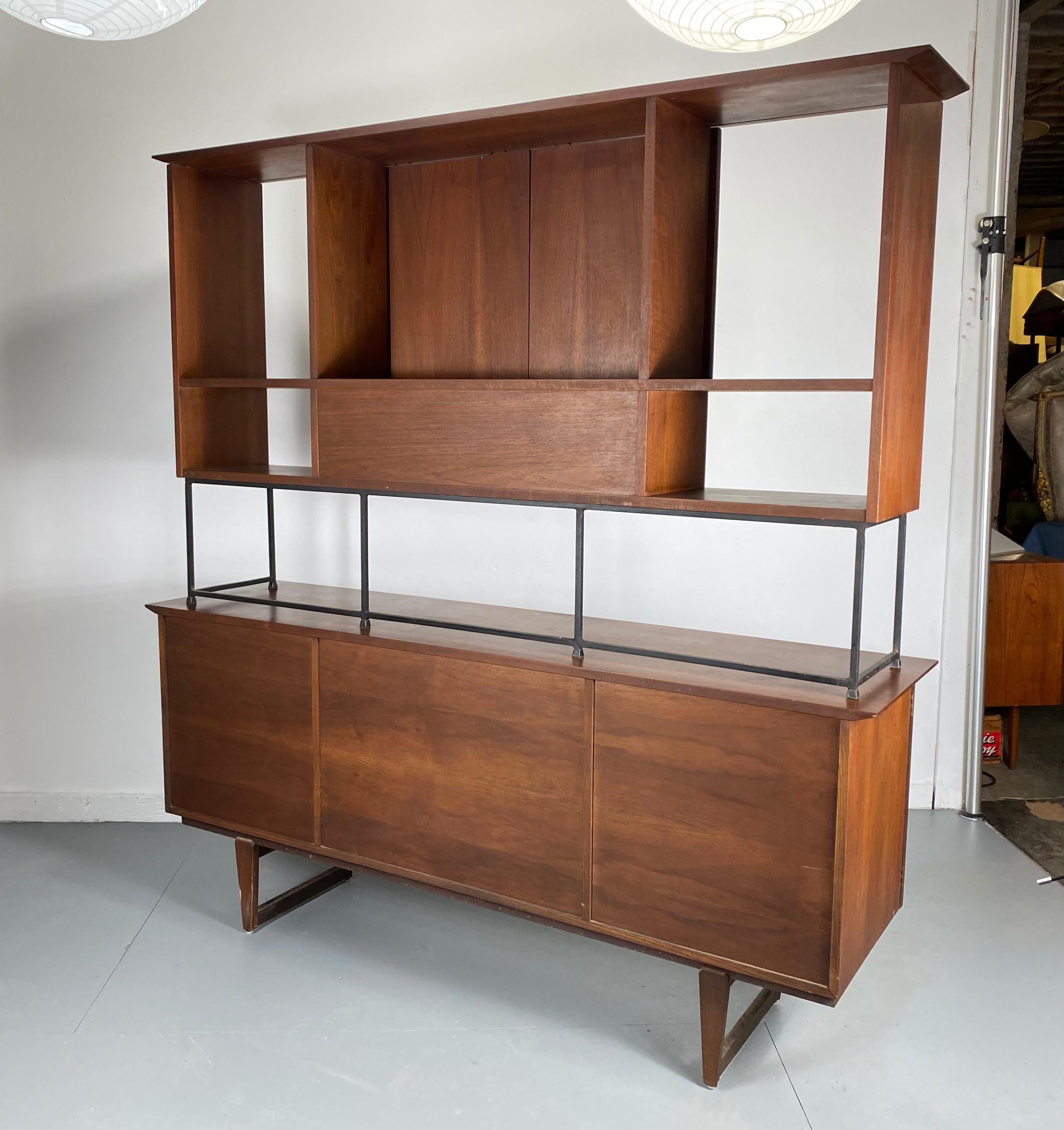 Rare American Modernist Walnut/Iron Credenza, Hutch, Room Divider, Spade Pulls 5