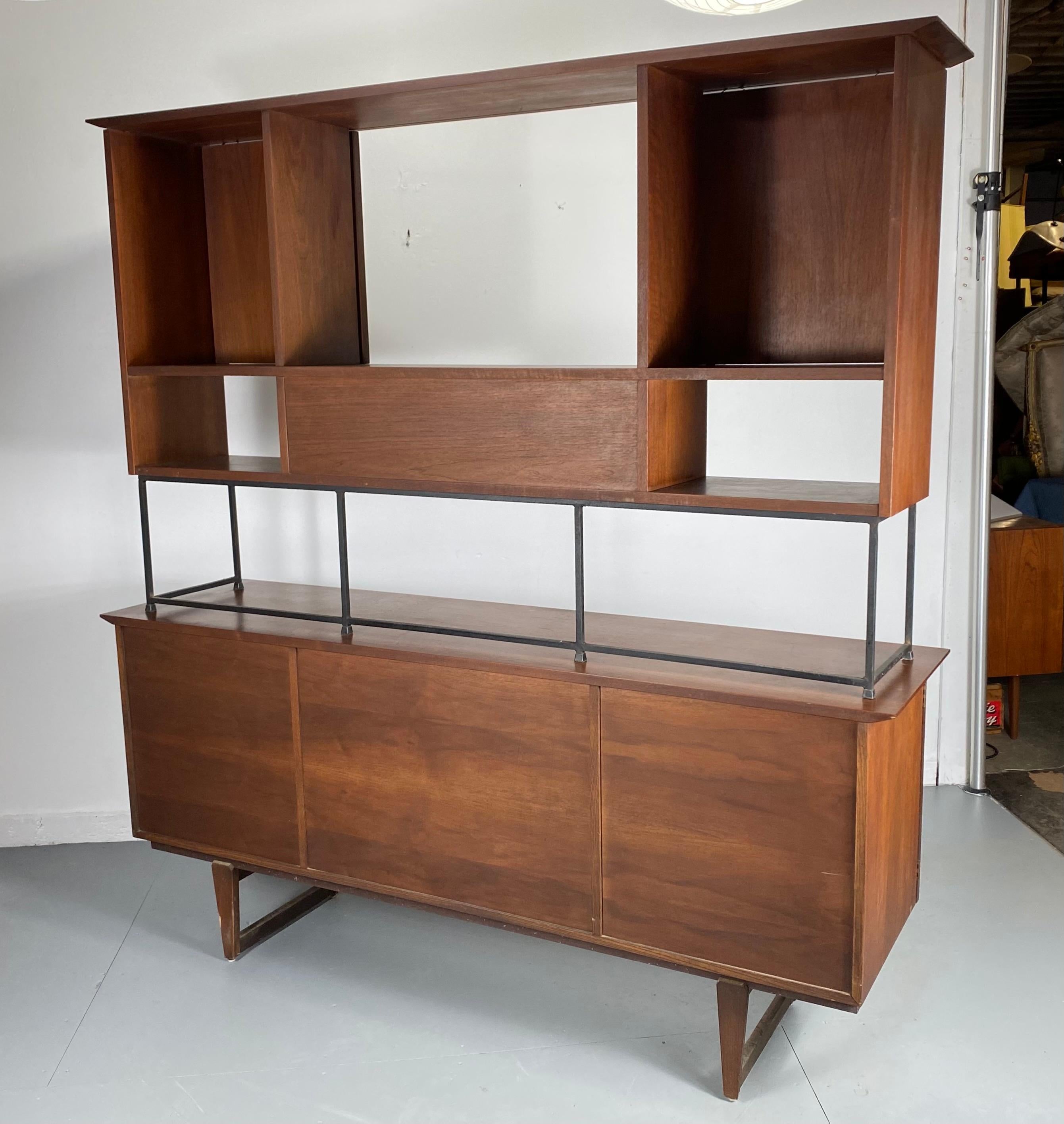 Rare American Modernist Walnut/Iron Credenza, Hutch, Room Divider, Spade Pulls In Good Condition In Buffalo, NY