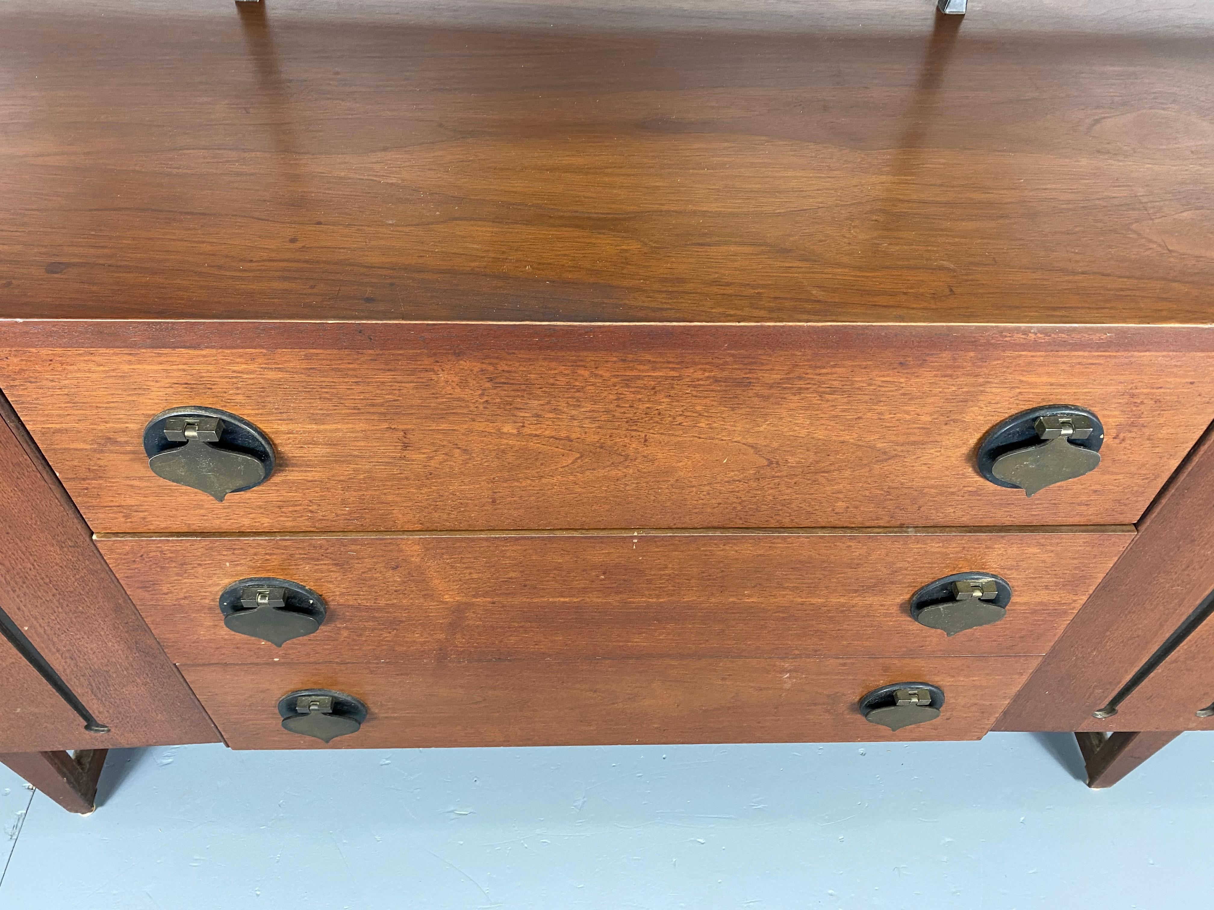 Mid-20th Century Rare American Modernist Walnut/Iron Credenza, Hutch, Room Divider, Spade Pulls
