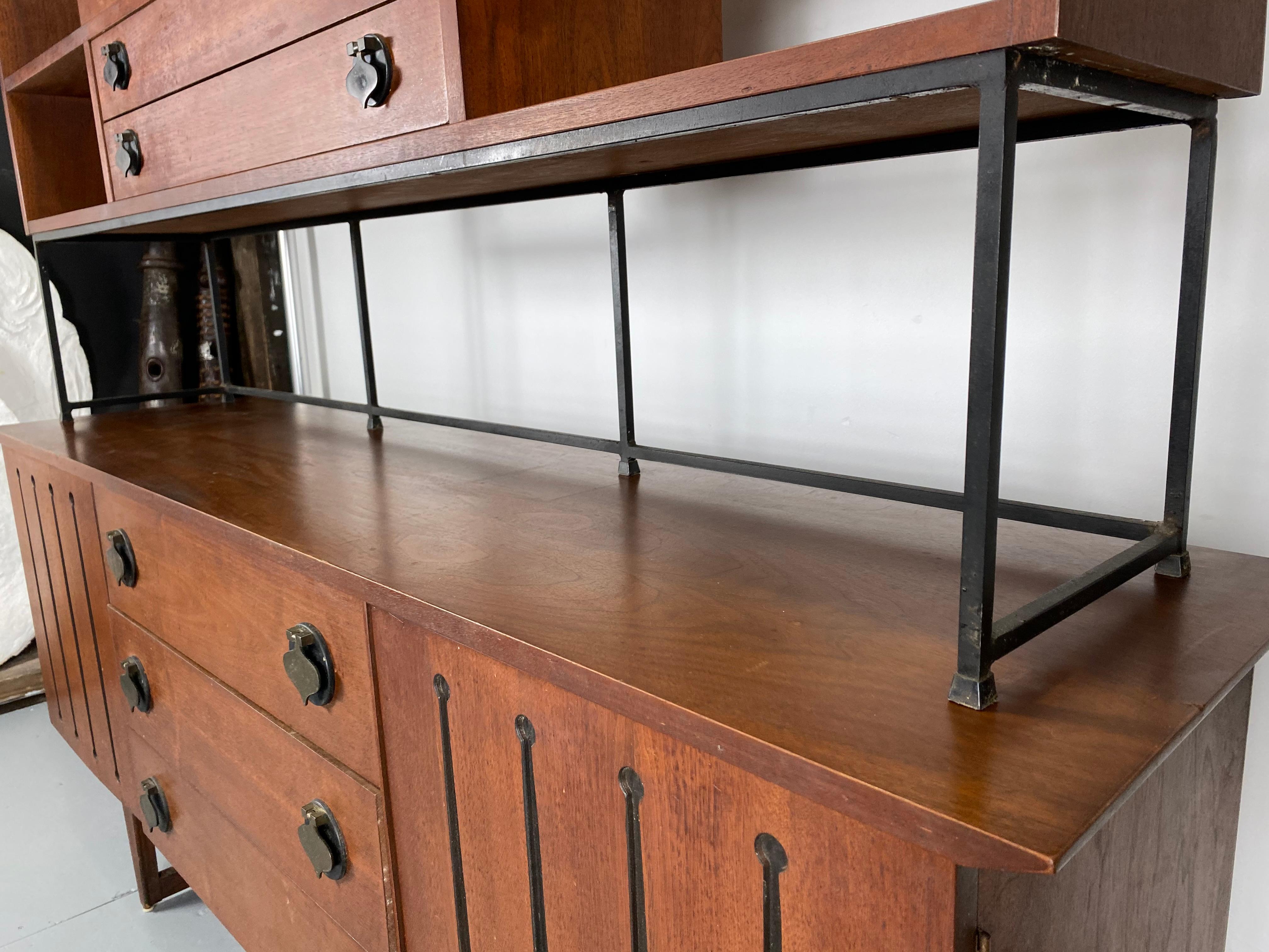 Metal Rare American Modernist Walnut/Iron Credenza, Hutch, Room Divider, Spade Pulls