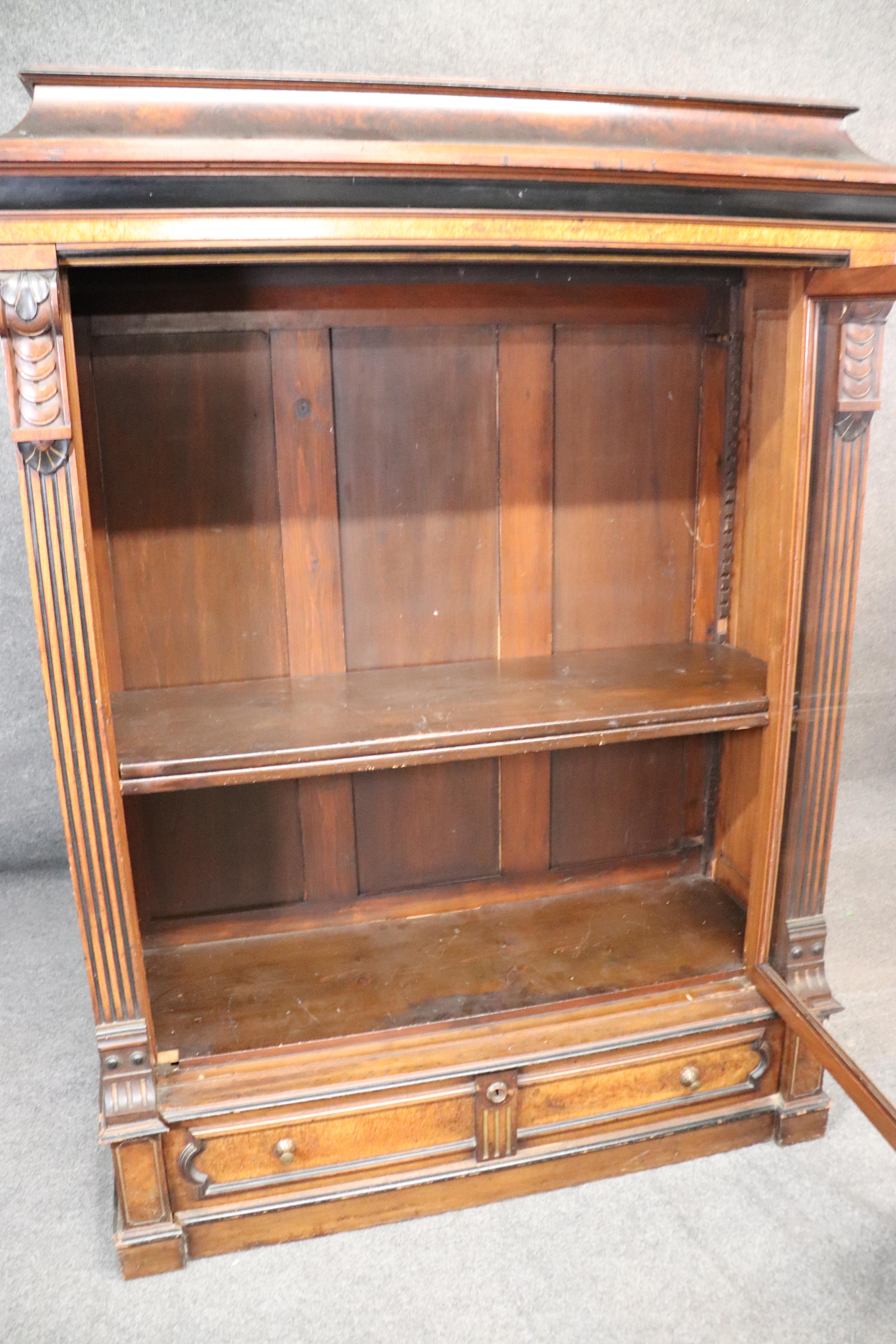 Rare American Victorian Renaissance Revival Burled Walnut Vitrine Bookcase C1870 8