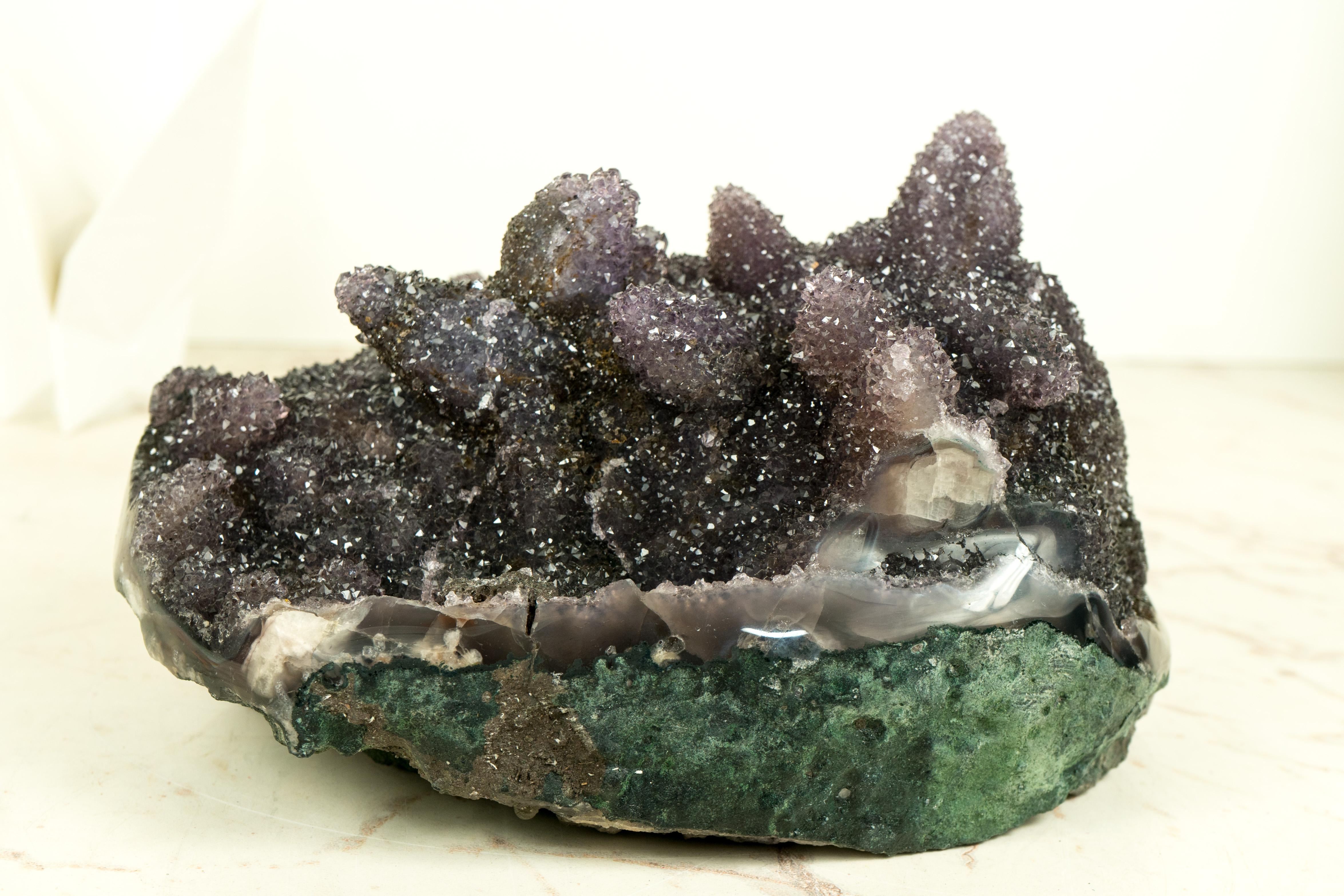 Gallery-Grade Amethyst Pseudomorph After Calcite on Matrix Agate, And Golden Goethite Inclusions

▫️ Description

A rare Amethyst specimen, featuring minerals that usually don't appear together. This is a world-class Amethyst with sculptural