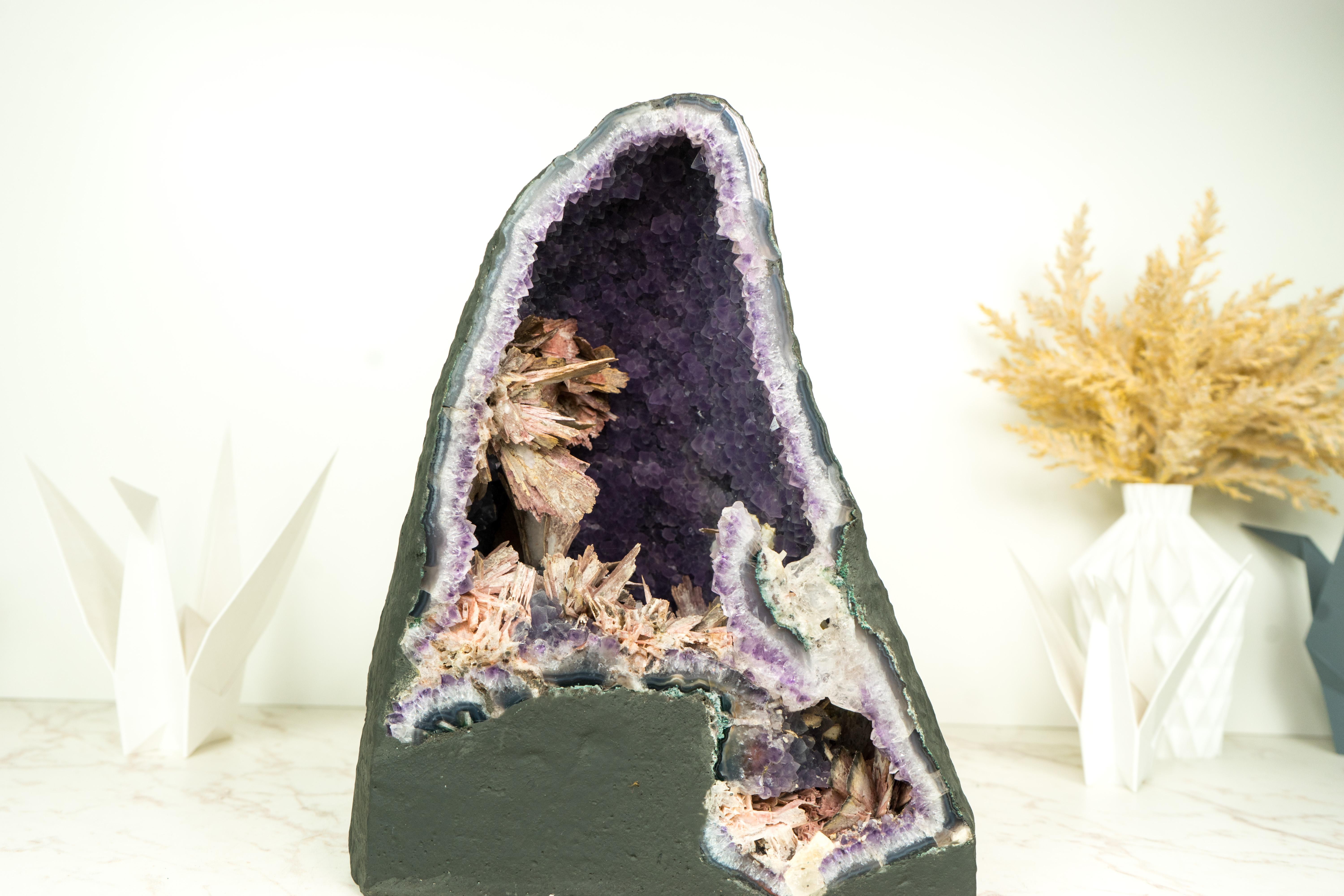 Rare Amethyst Geode Cathedral with Intact Rose Quartz Pseudomorph Flowers  For Sale 4