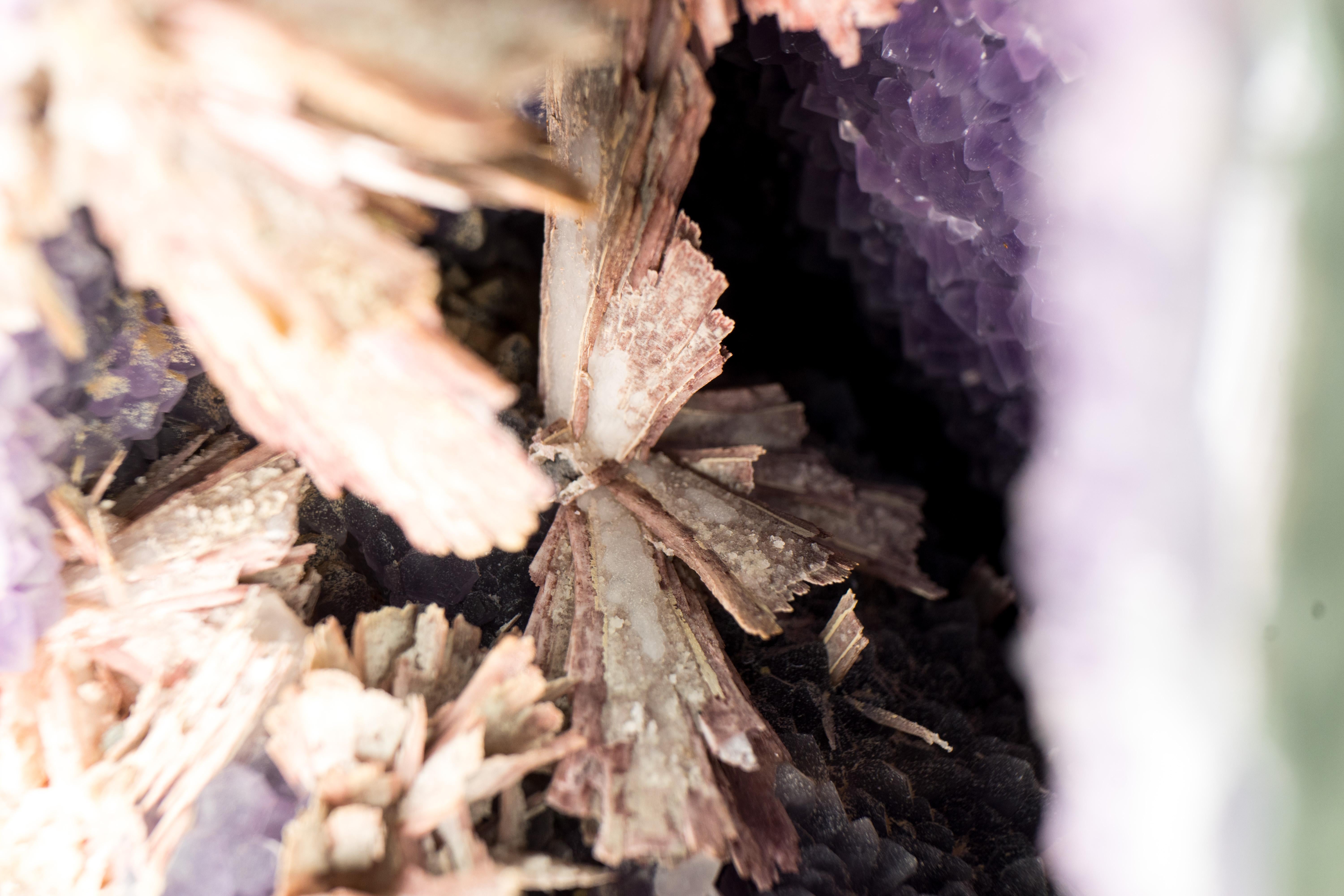 Rare Amethyst Geode Cathedral with Intact Rose Quartz Pseudomorph Flowers  For Sale 10