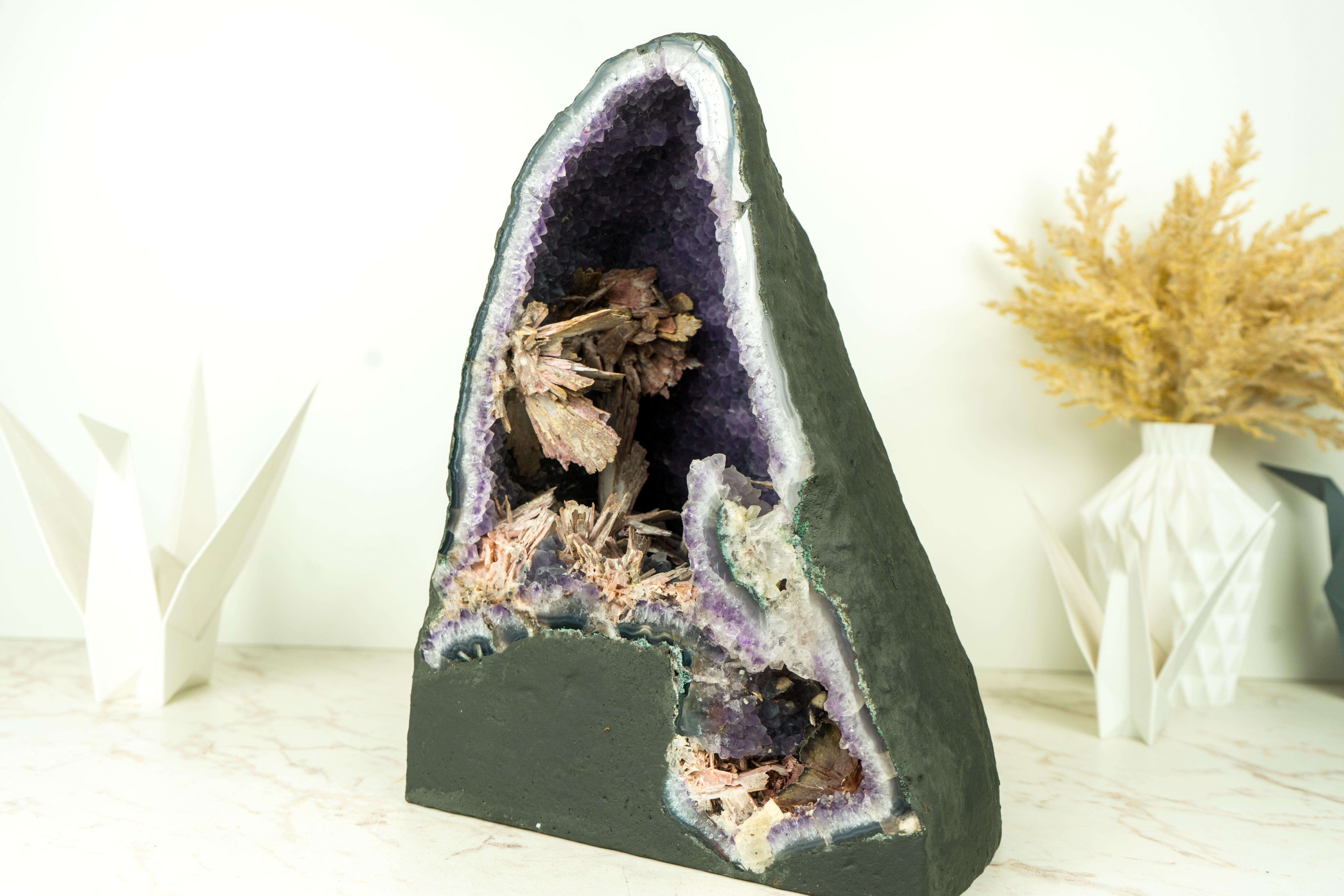 Brazilian Rare Amethyst Geode Cathedral with Intact Rose Quartz Pseudomorph Flowers  For Sale