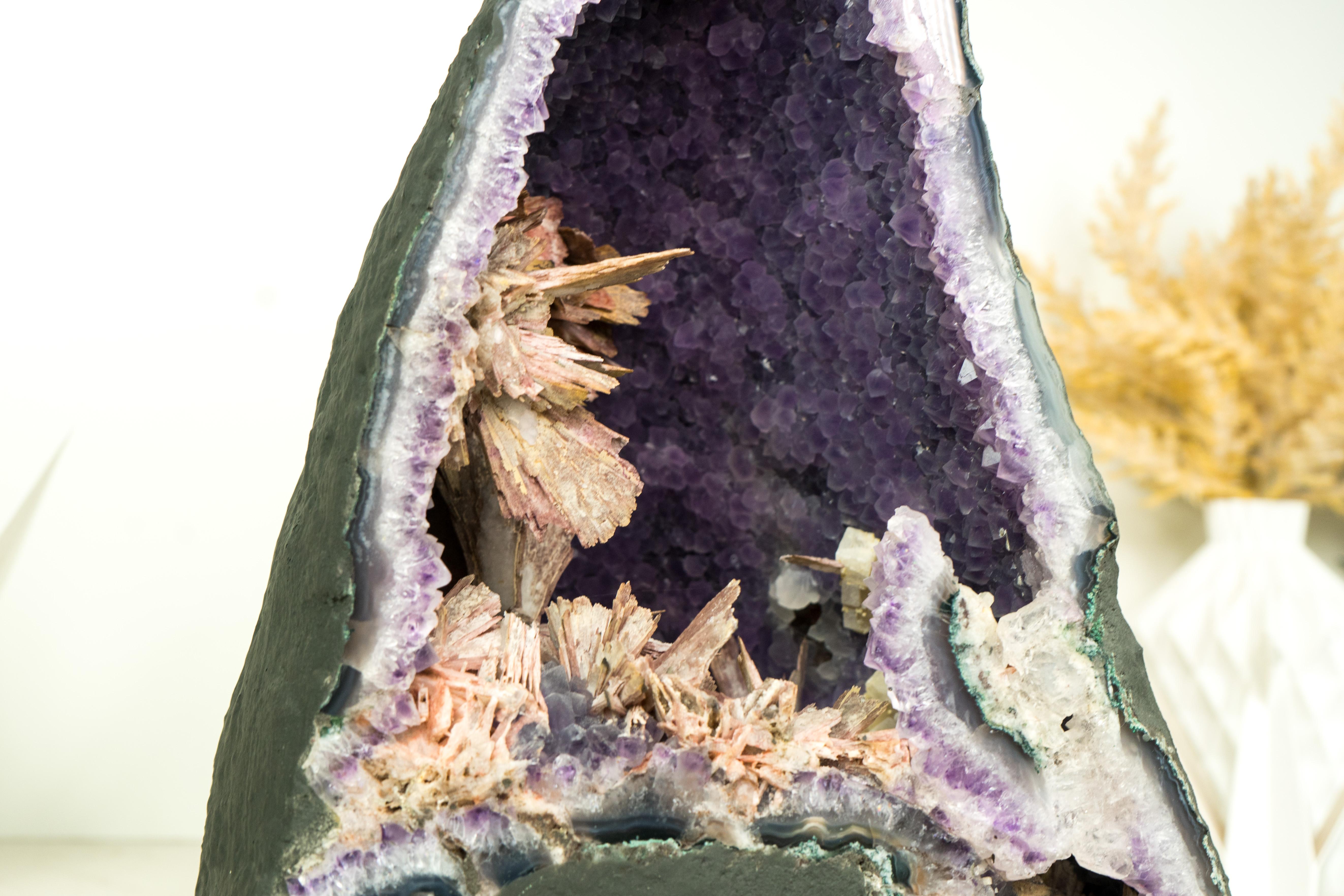 Rare Amethyst Geode Cathedral with Intact Rose Quartz Pseudomorph Flowers  In New Condition For Sale In Ametista Do Sul, BR