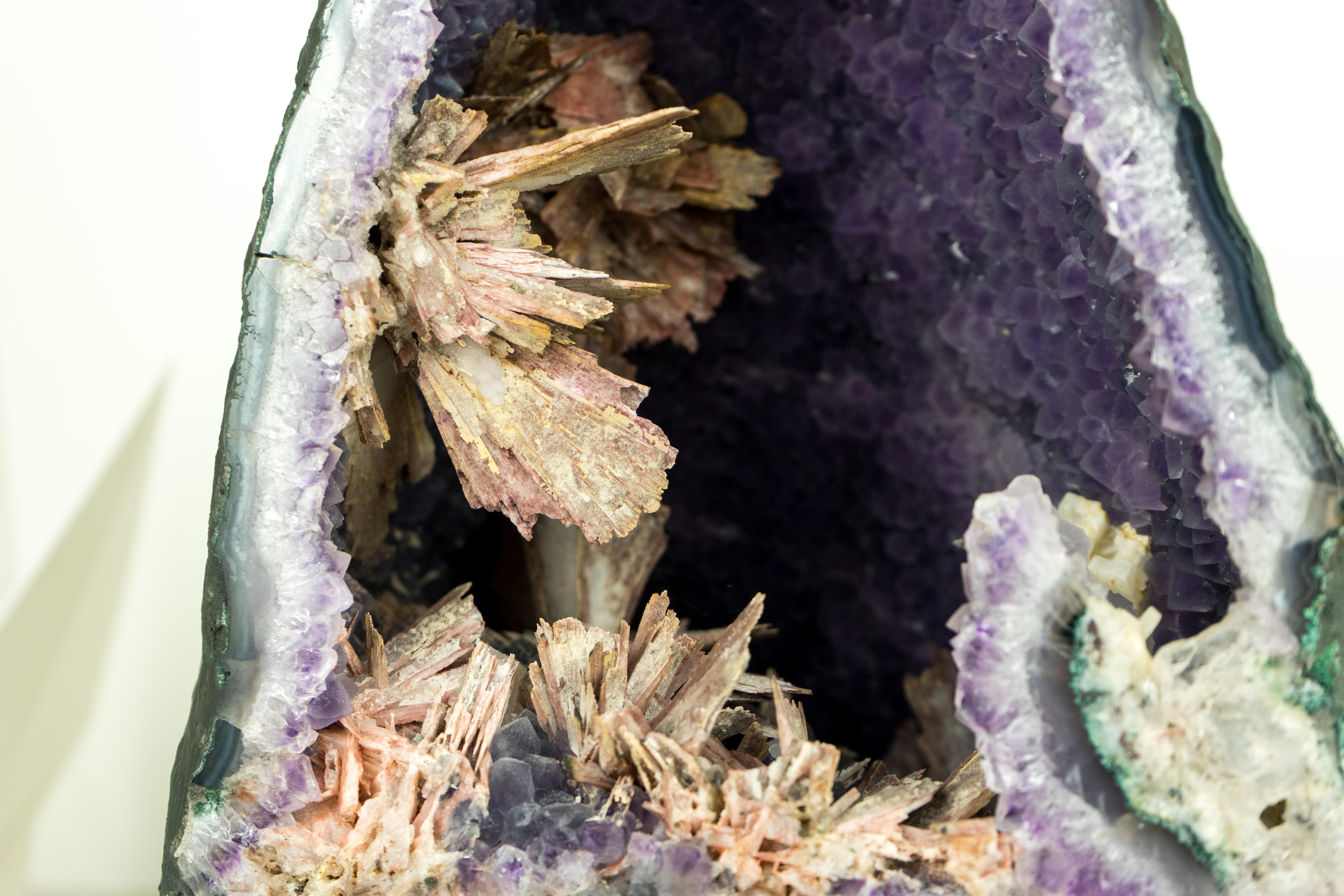 Contemporary Rare Amethyst Geode Cathedral with Intact Rose Quartz Pseudomorph Flowers  For Sale