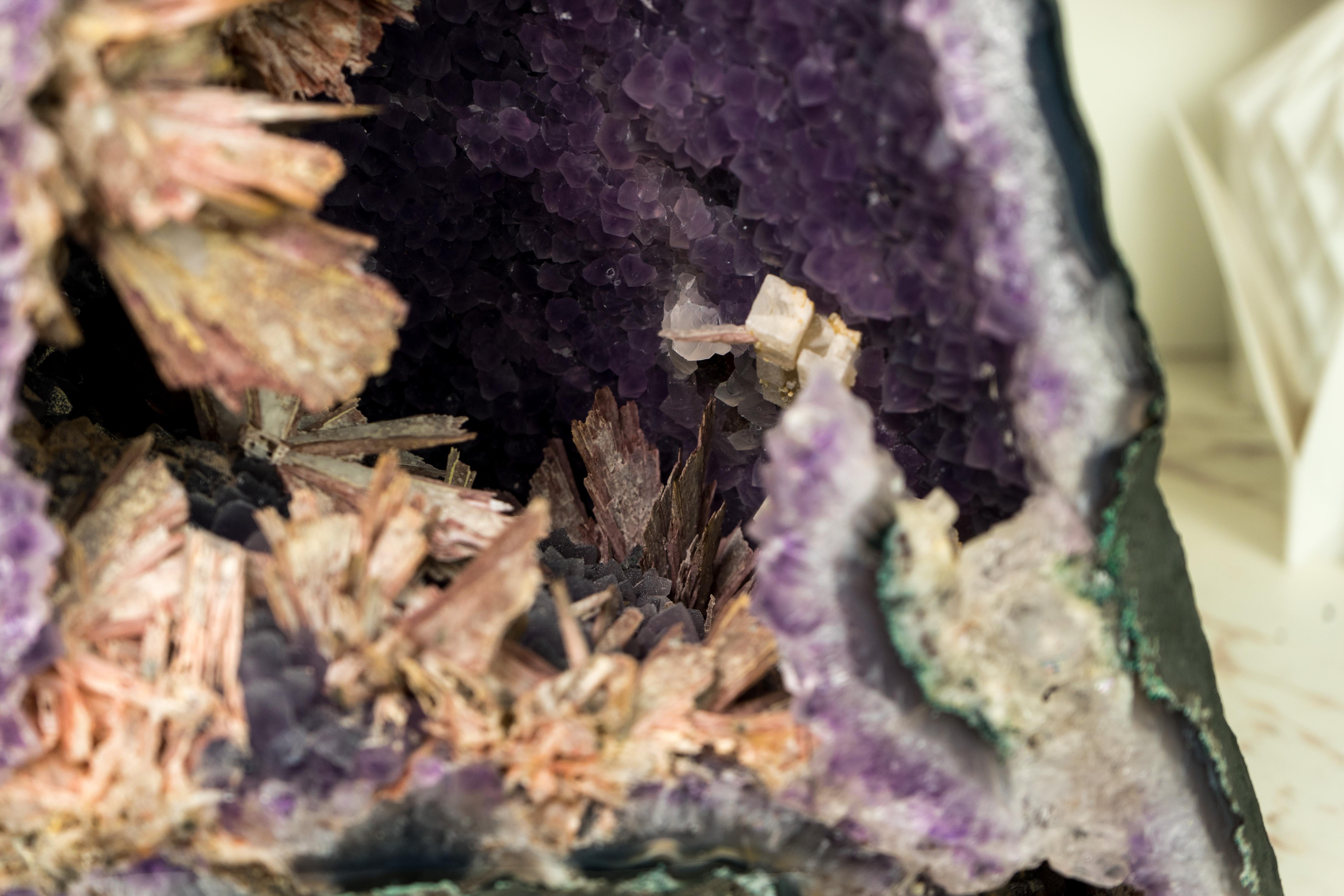 Rare Amethyst Geode Cathedral with Intact Rose Quartz Pseudomorph Flowers  For Sale 2