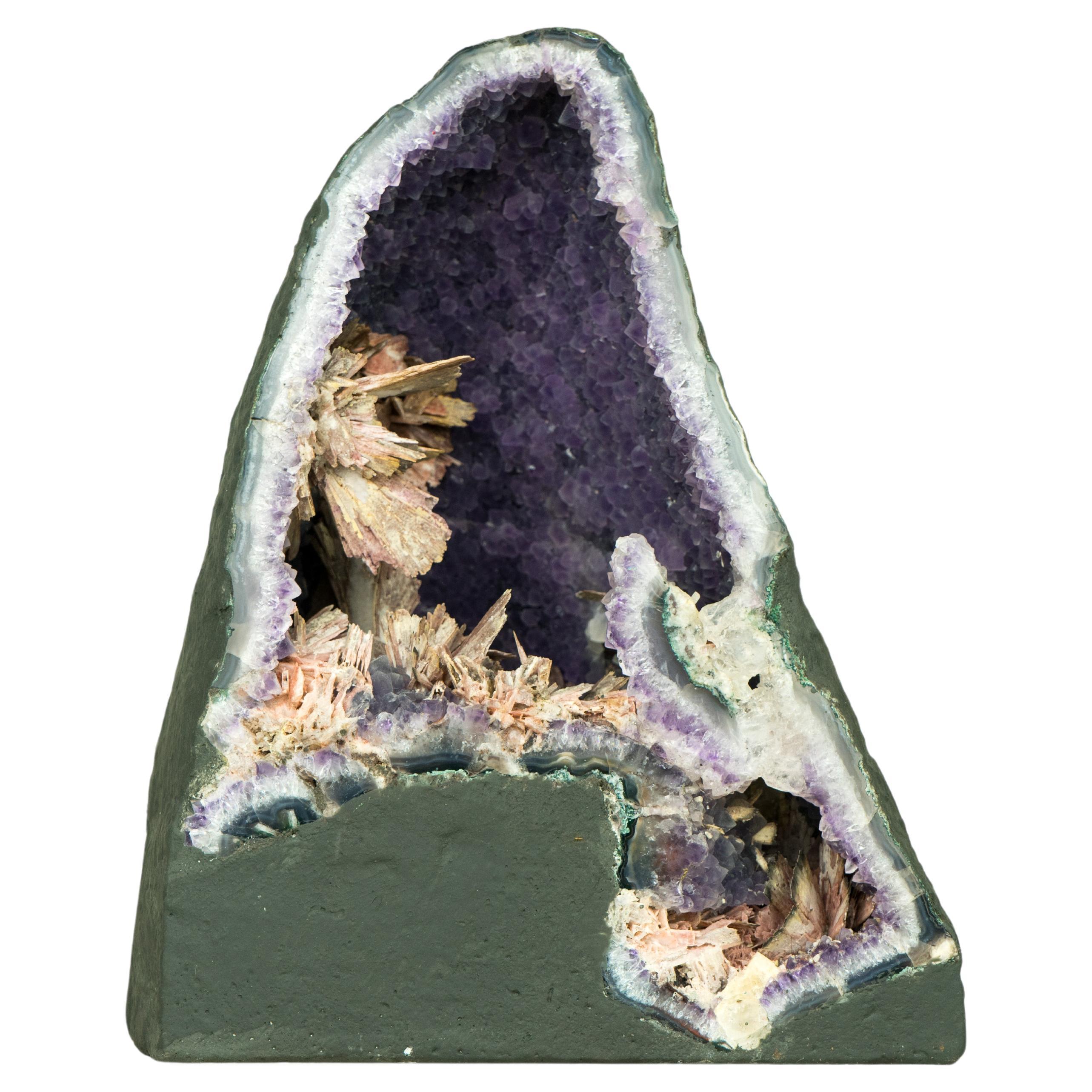 Rare Amethyst Geode Cathedral with Intact Rose Quartz Pseudomorph Flowers  For Sale