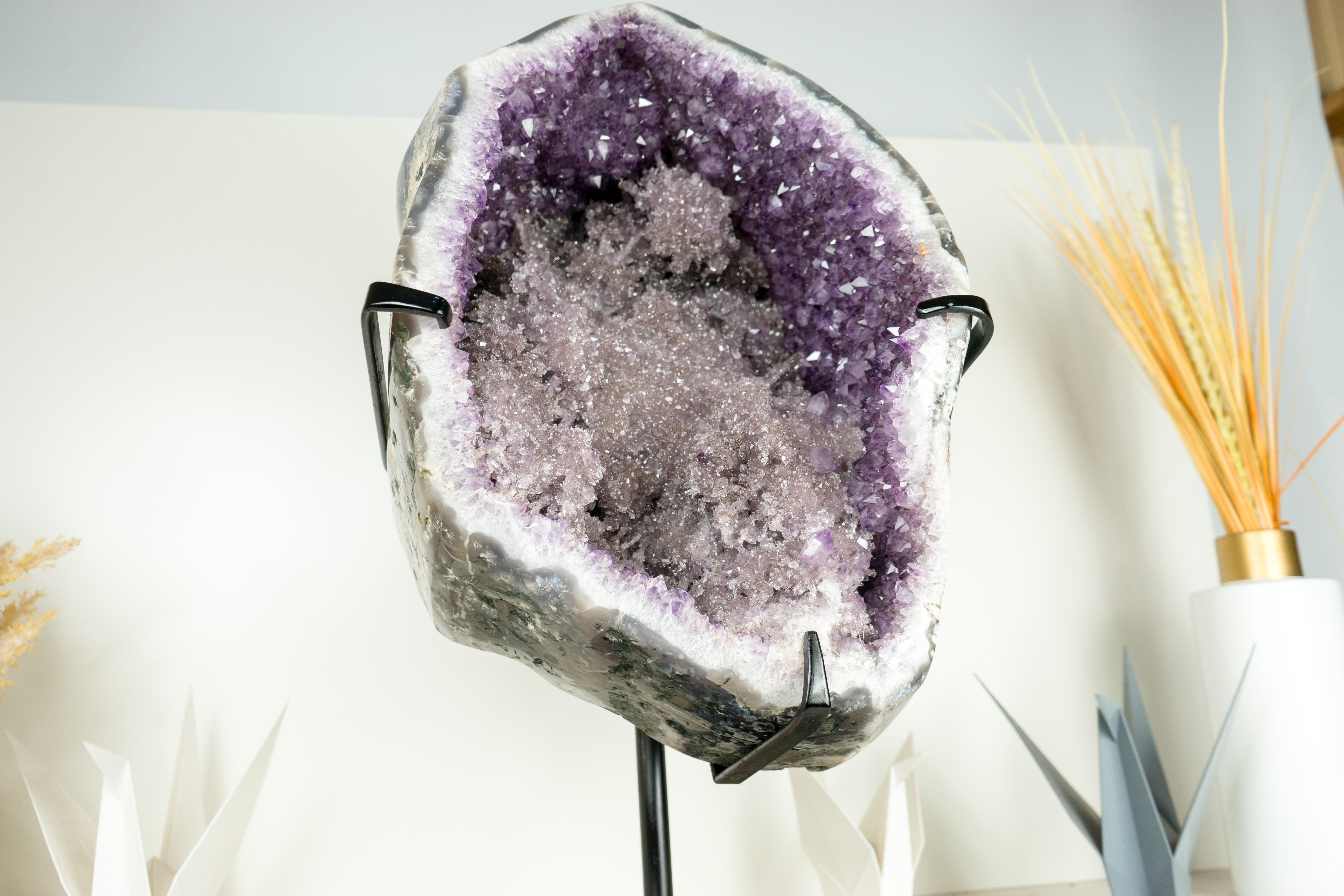 Contemporary Rare Amethyst Geode with Rosette Crystals and Herkimer Diamond-like Clarity  For Sale