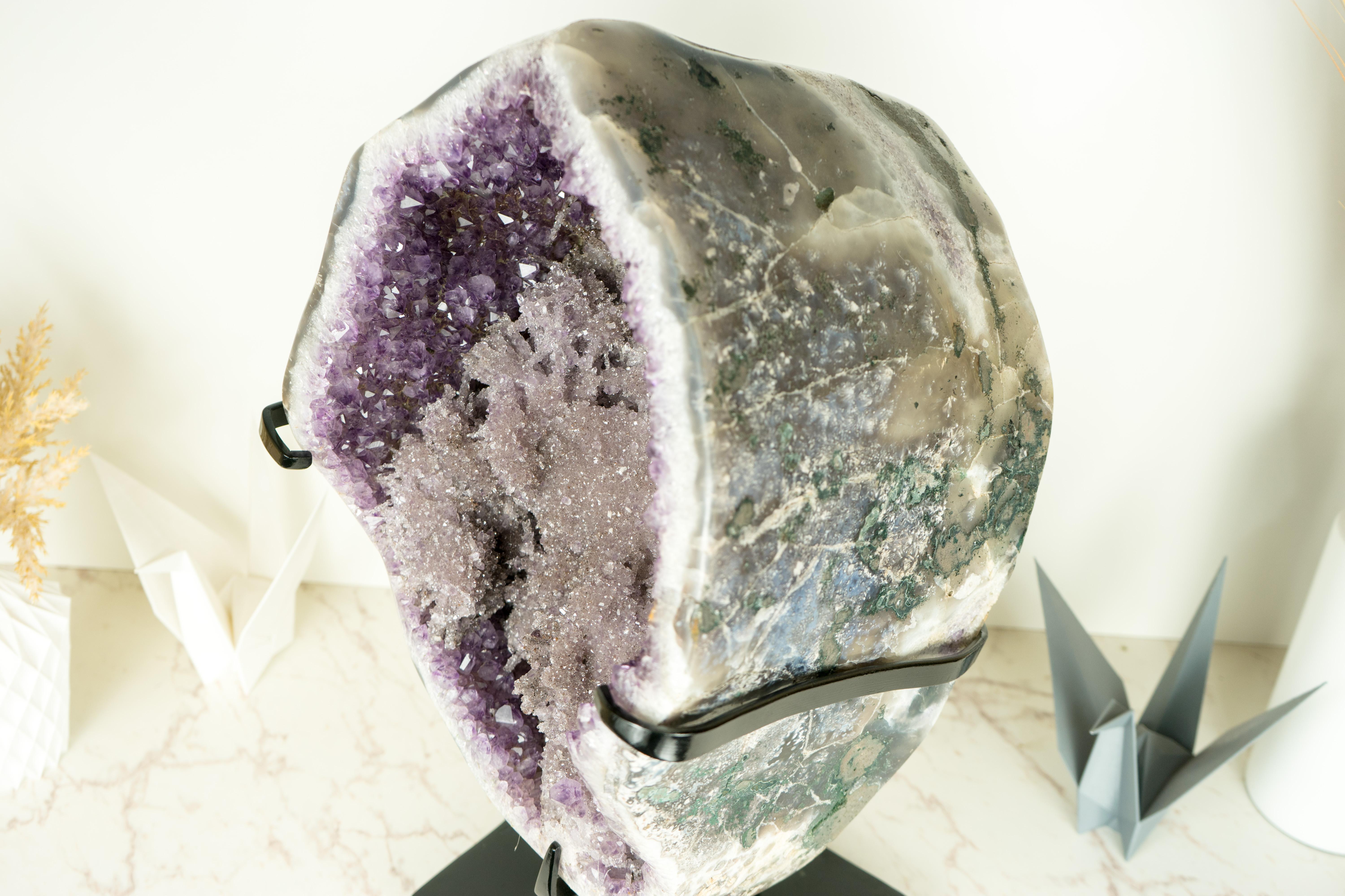 Agate Rare Amethyst Geode with Rosette Crystals and Herkimer Diamond-like Clarity  For Sale