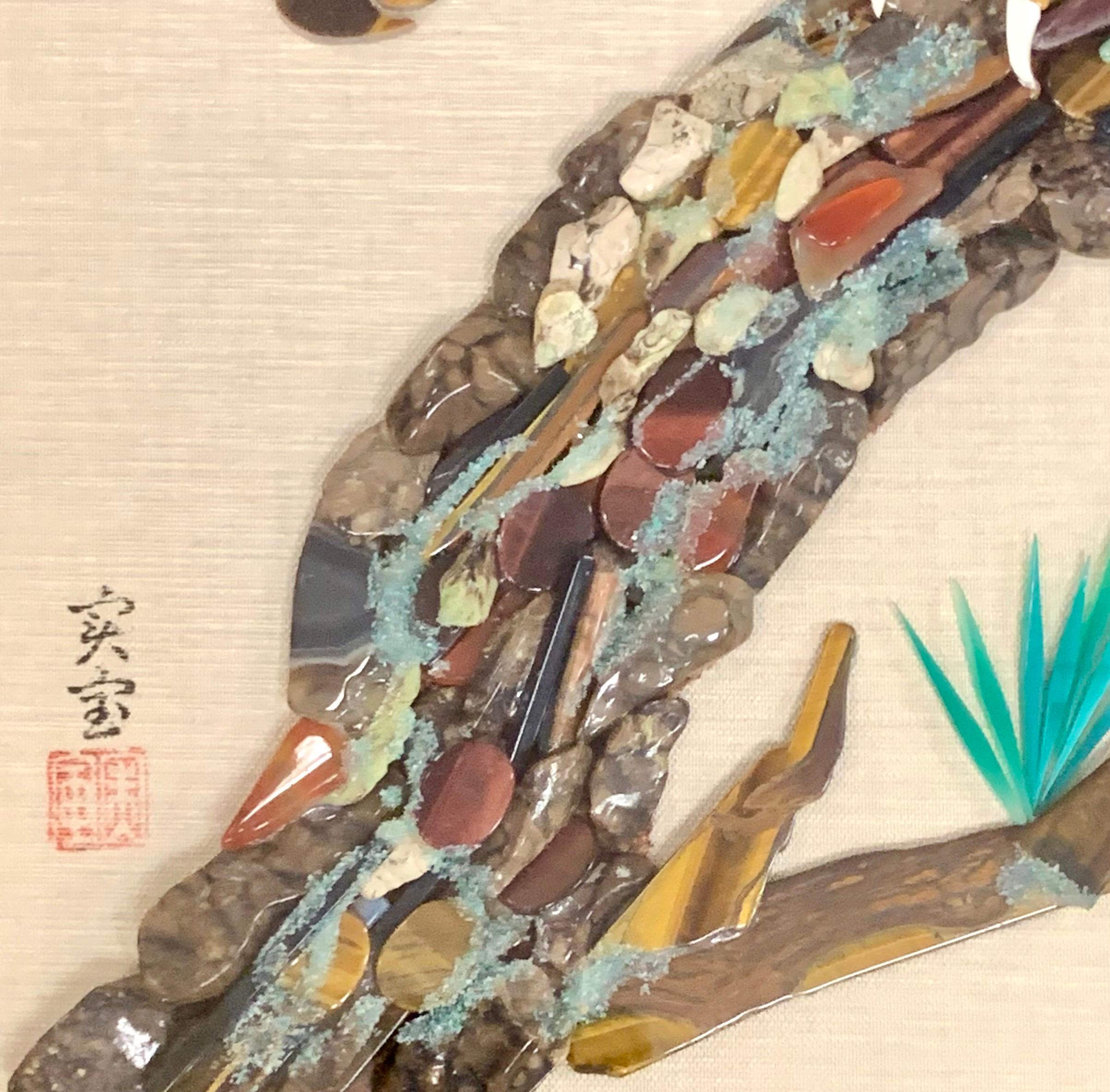 Mid-Century Modern Rare Amethyst, Jade & Gemstone Three Dimensional Painting of Bird One of a Kind