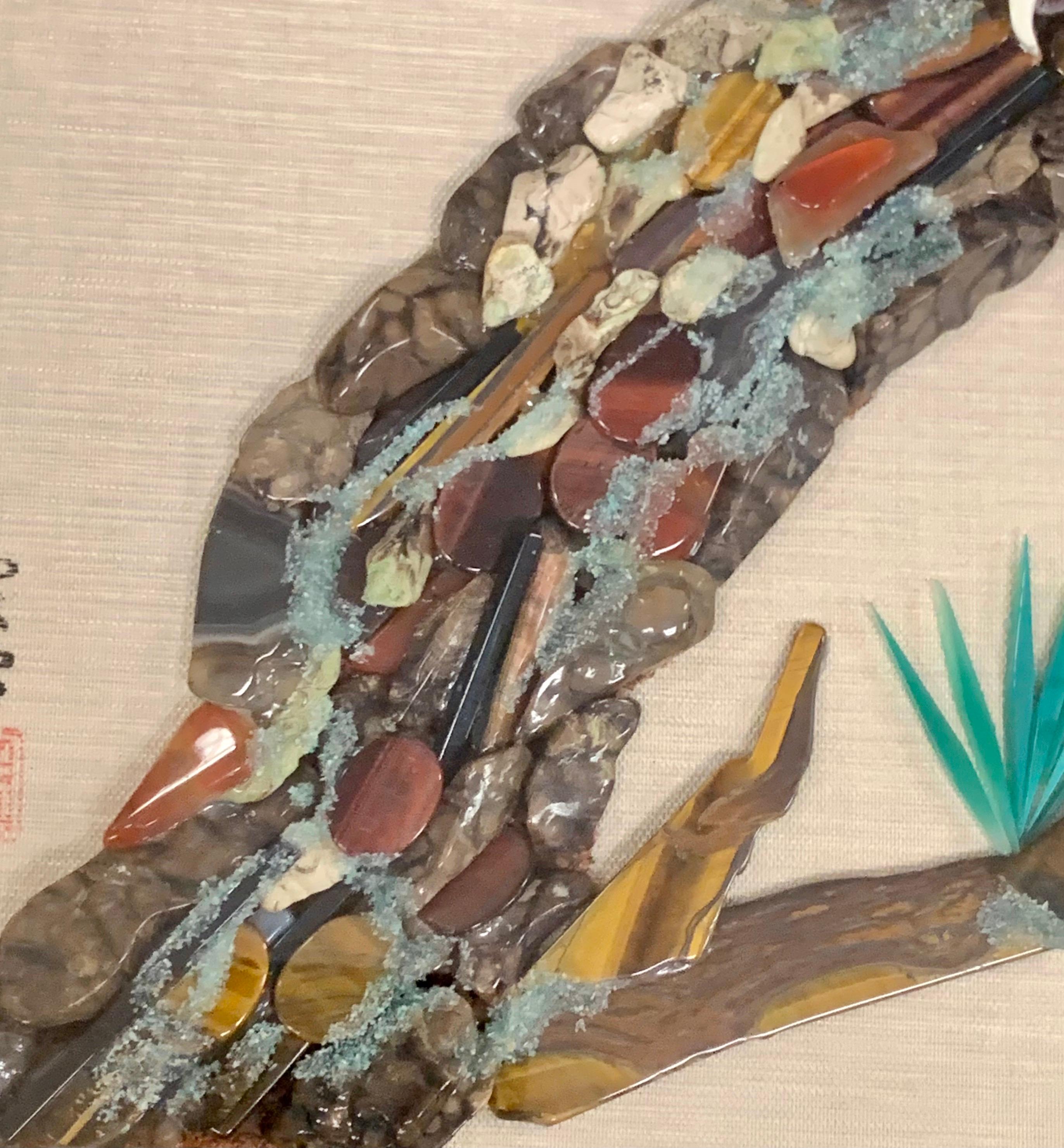 Rare Amethyst, Jade & Gemstone Three Dimensional Painting of Bird One of a Kind 1