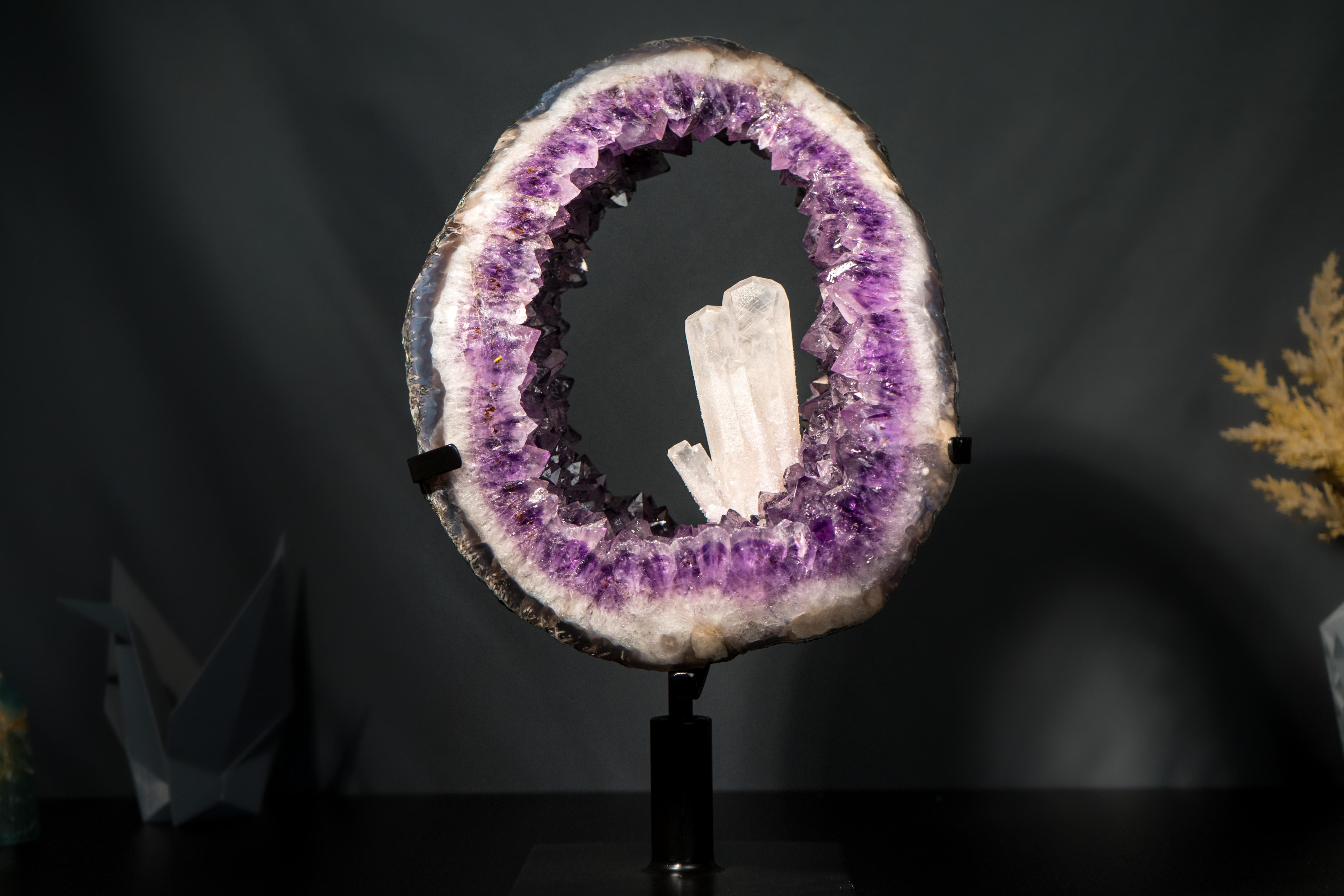 Brazilian Rare Amethyst Portal Geode with Large, Undamaged Crystal Calcite For Sale