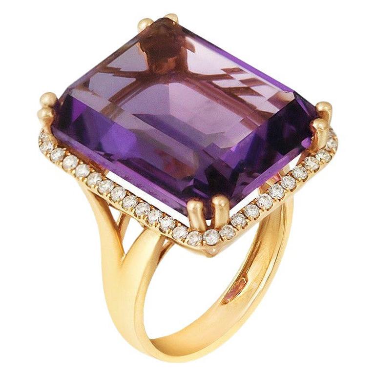 For Sale:  Rare Amethyst White Diamond Yellow Gold Ring