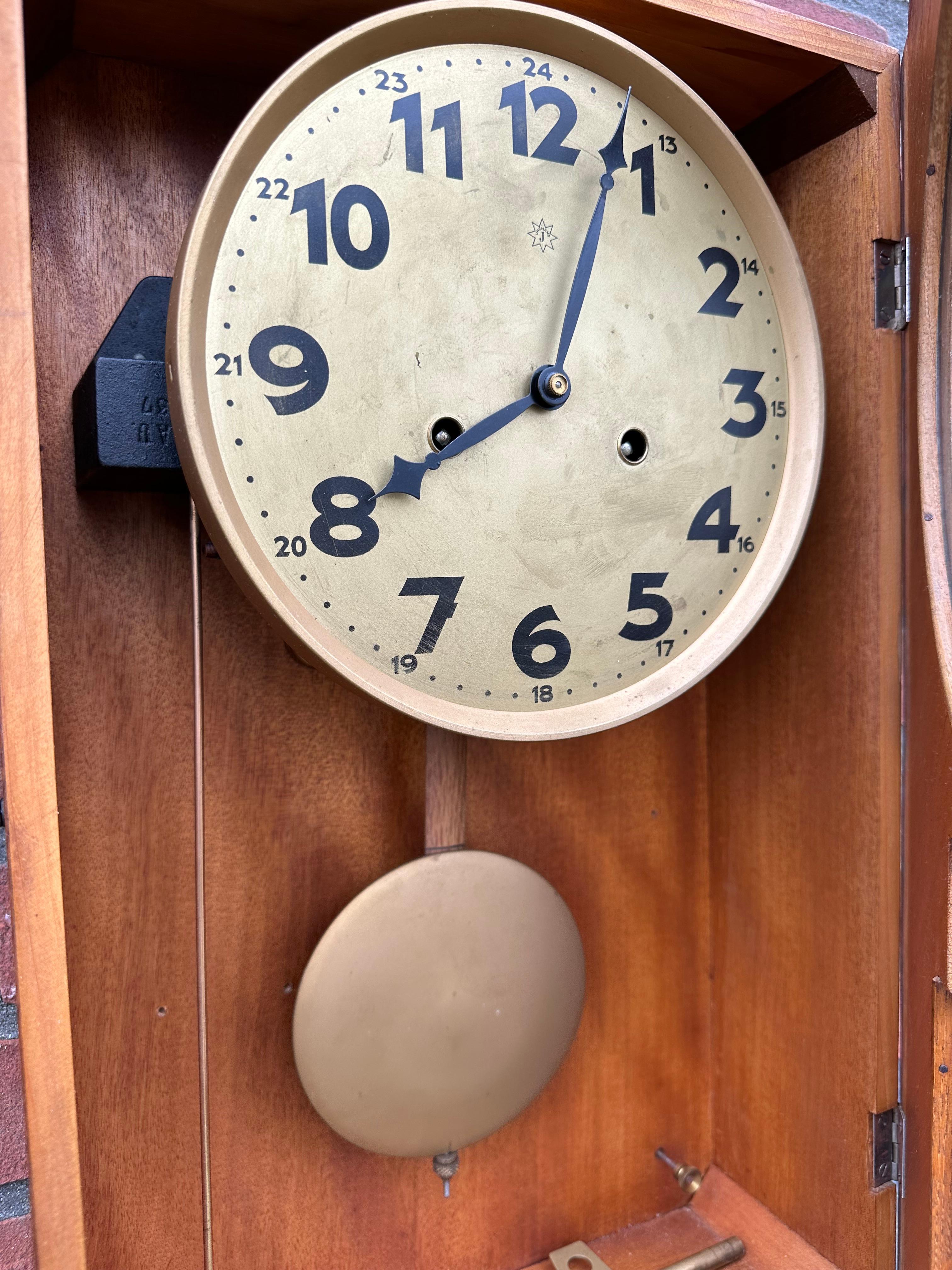 Rare Amsterdam School Geometrical Design Oak & Coromandel & Glass Wall Clock For Sale 4