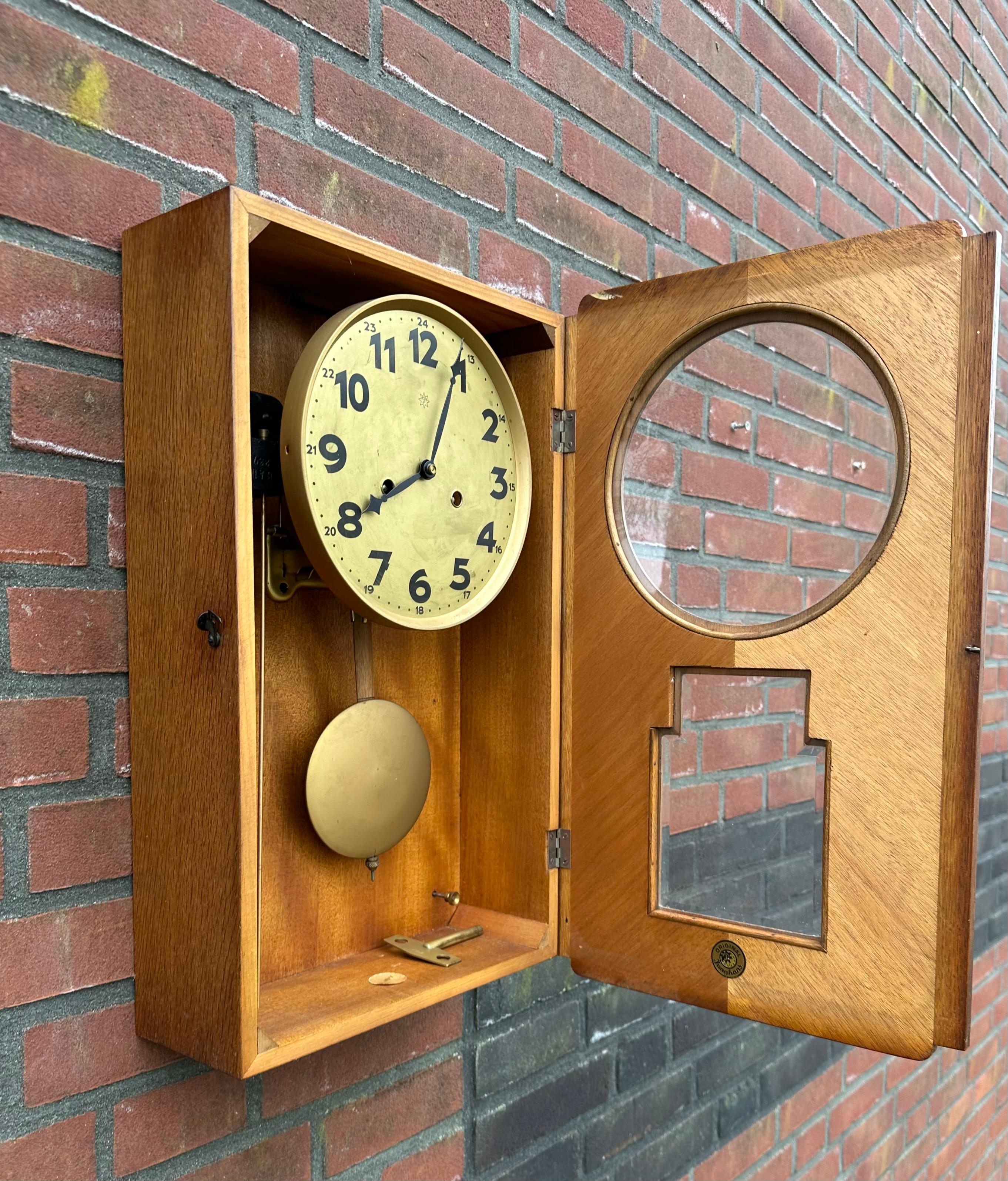 Rare Amsterdam School Geometrical Design Oak & Coromandel & Glass Wall Clock For Sale 7