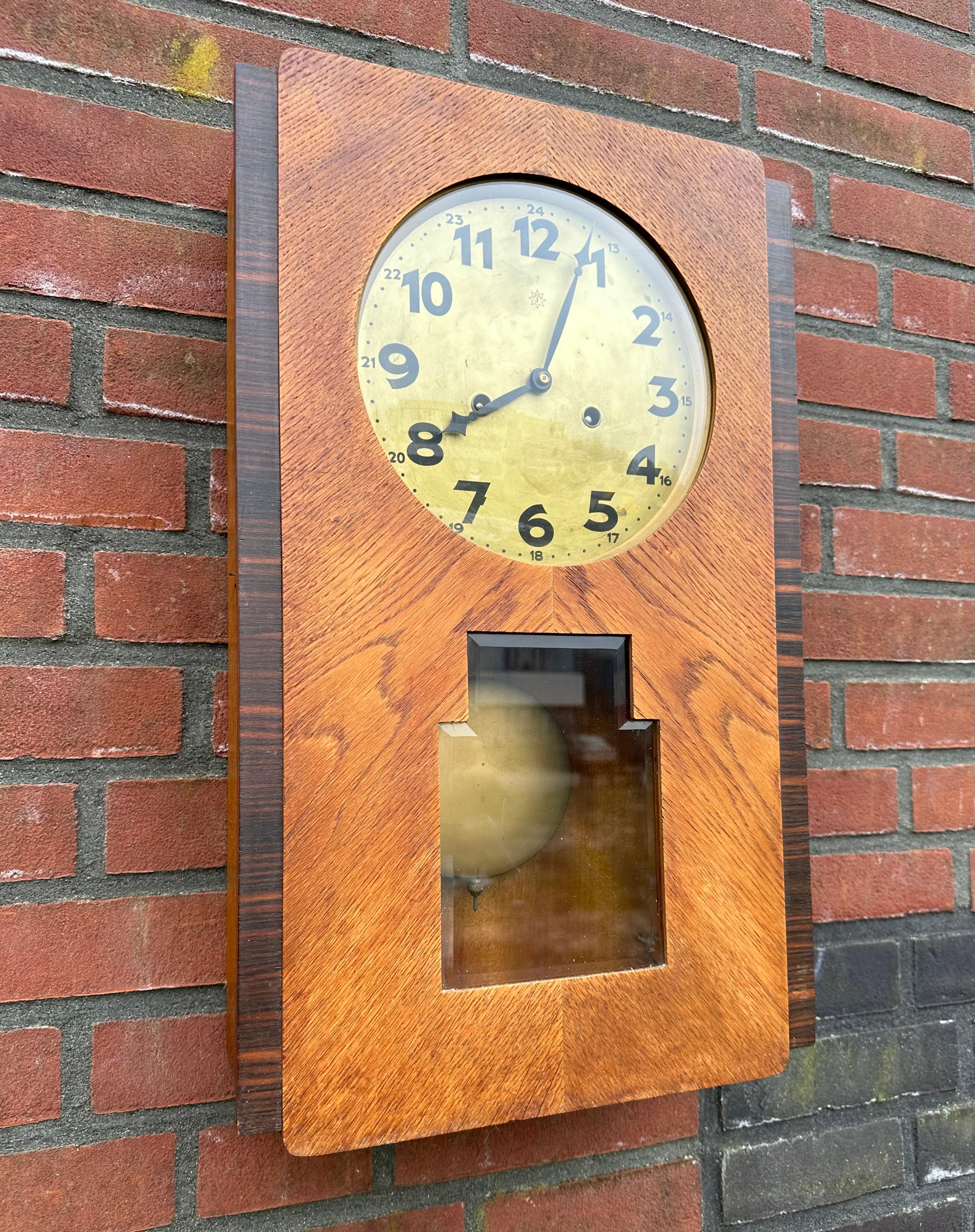 Rare Amsterdam School Geometrical Design Oak & Coromandel & Glass Wall Clock For Sale 8