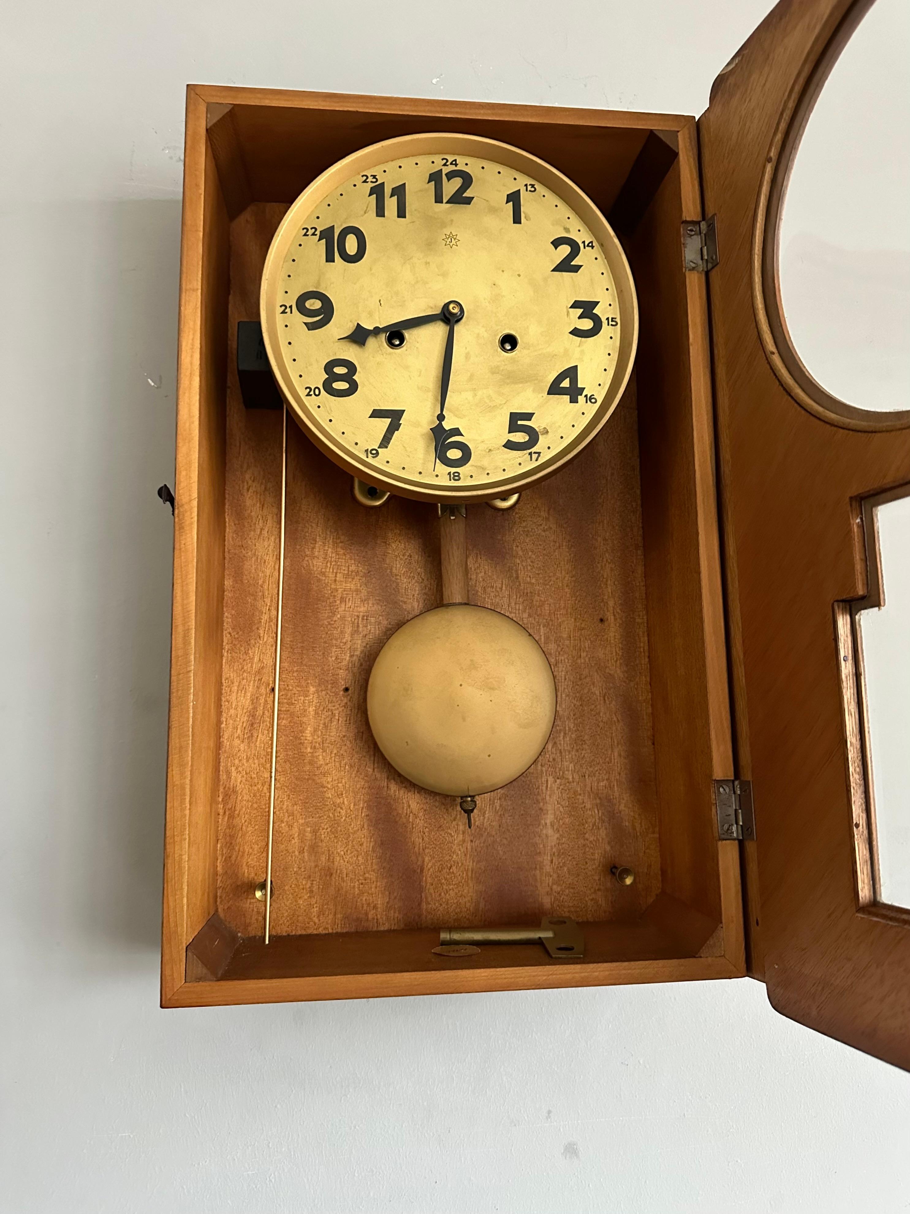 Rare Amsterdam School Geometrical Design Oak & Coromandel & Glass Wall Clock For Sale 9