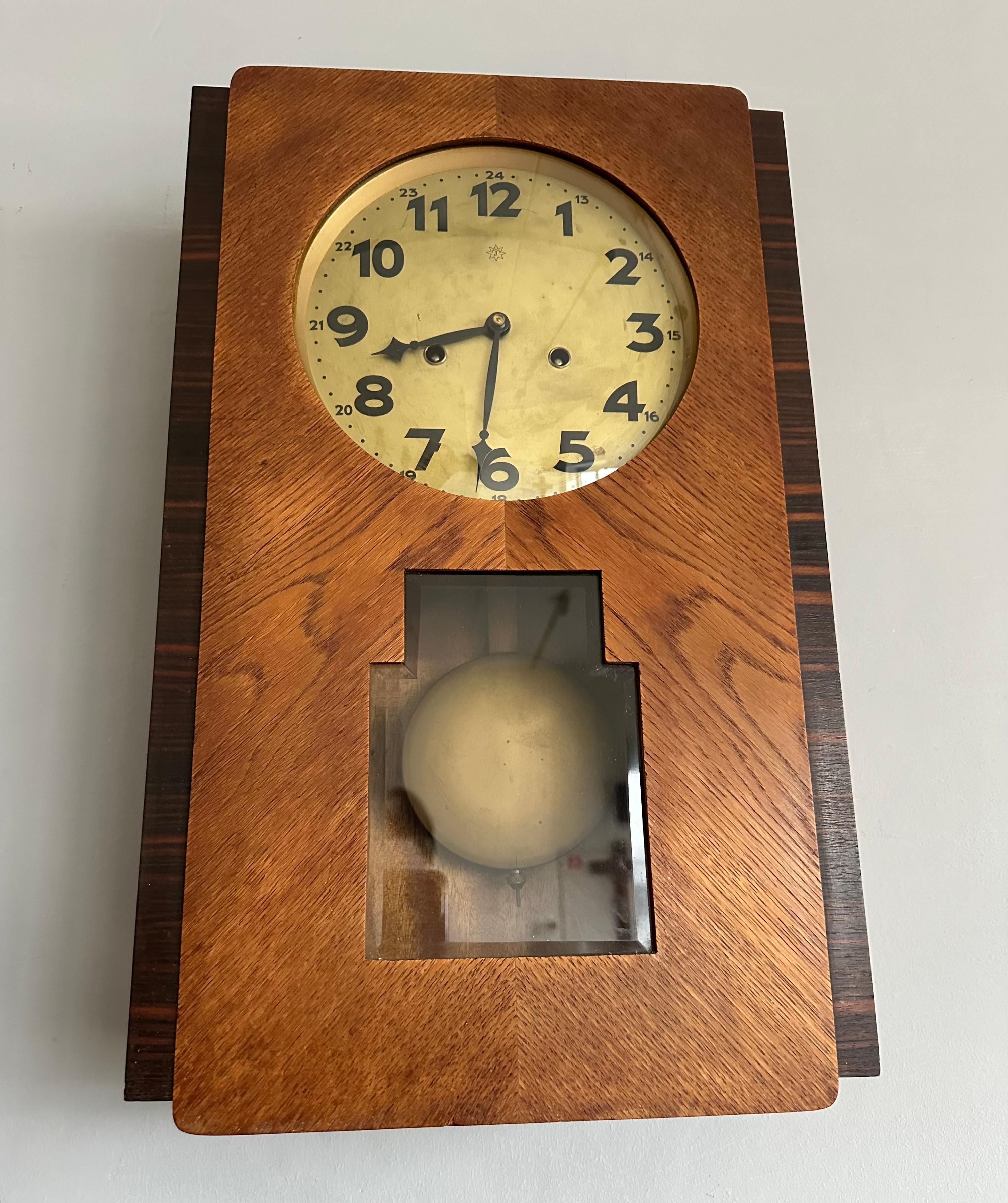 Rare Amsterdam School Geometrical Design Oak & Coromandel & Glass Wall Clock For Sale 10