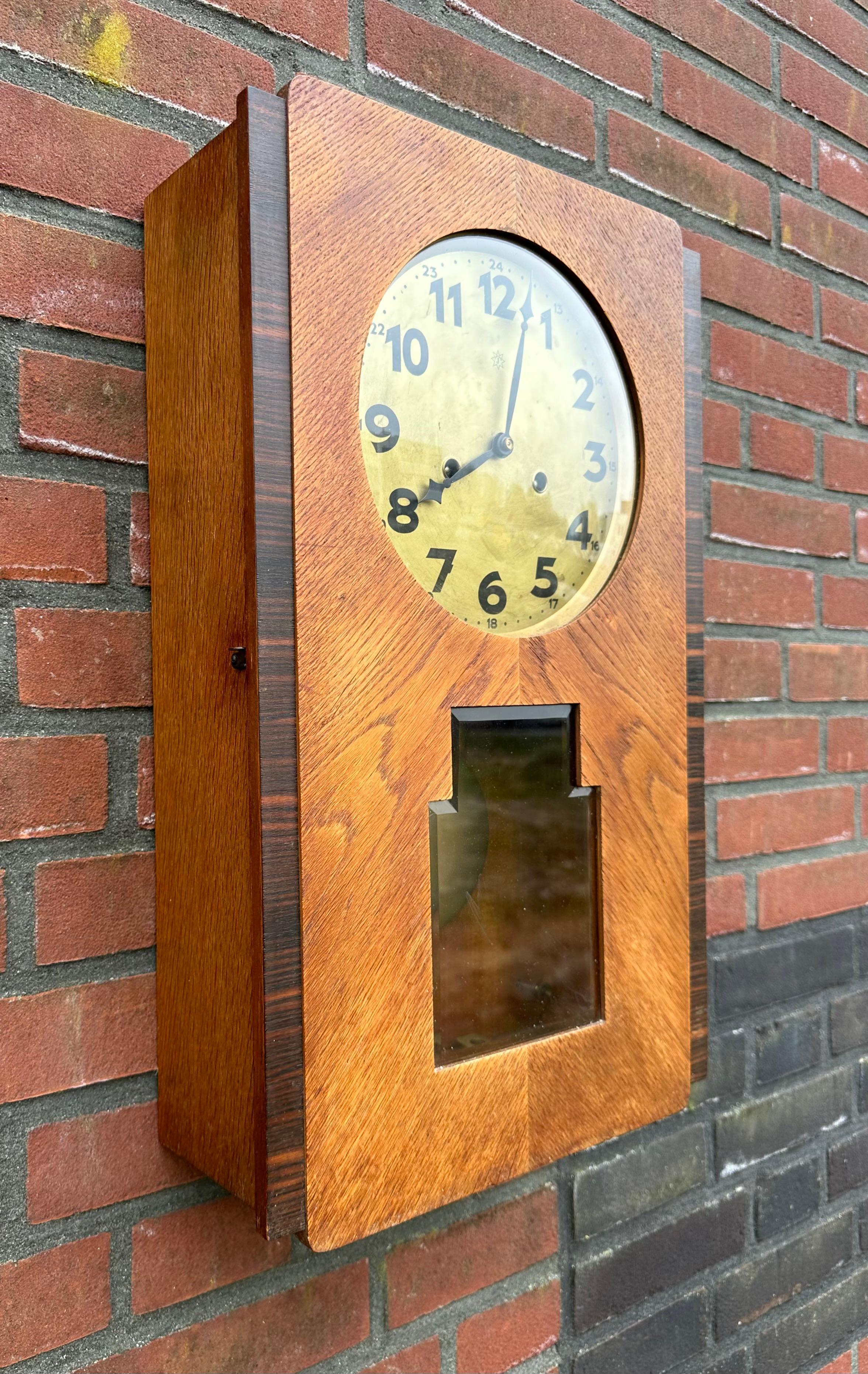 Dutch Rare Amsterdam School Geometrical Design Oak & Coromandel & Glass Wall Clock For Sale