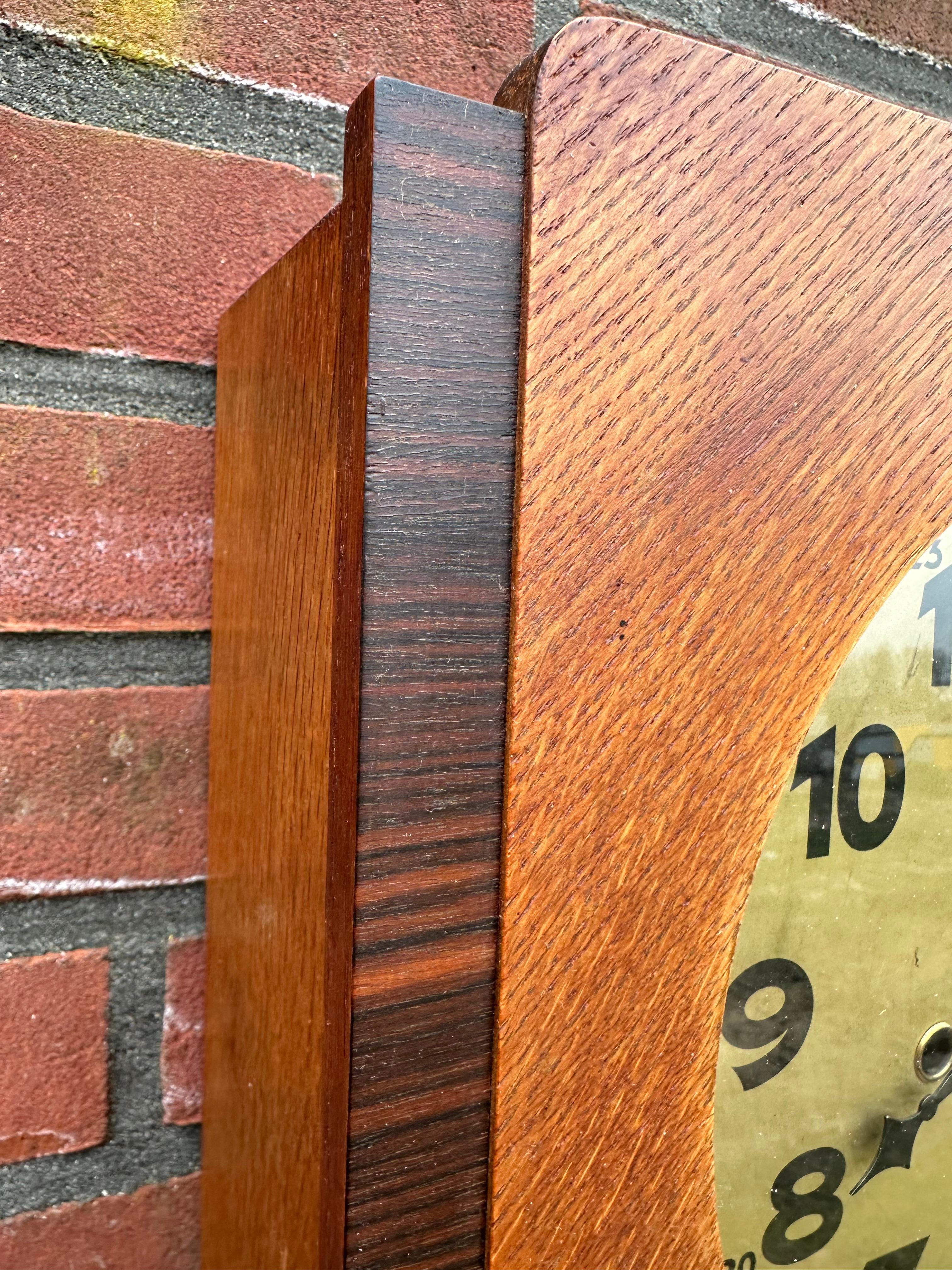 Hand-Crafted Rare Amsterdam School Geometrical Design Oak & Coromandel & Glass Wall Clock For Sale