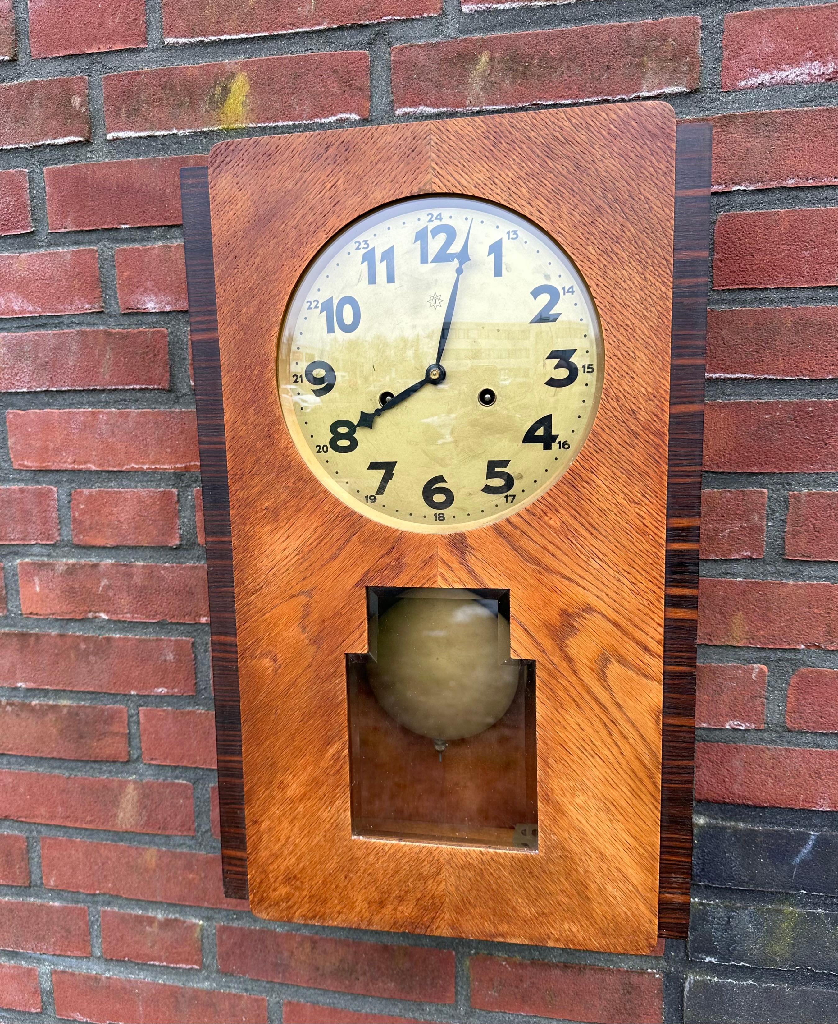Rare Amsterdam School Geometrical Design Oak & Coromandel & Glass Wall Clock For Sale 1