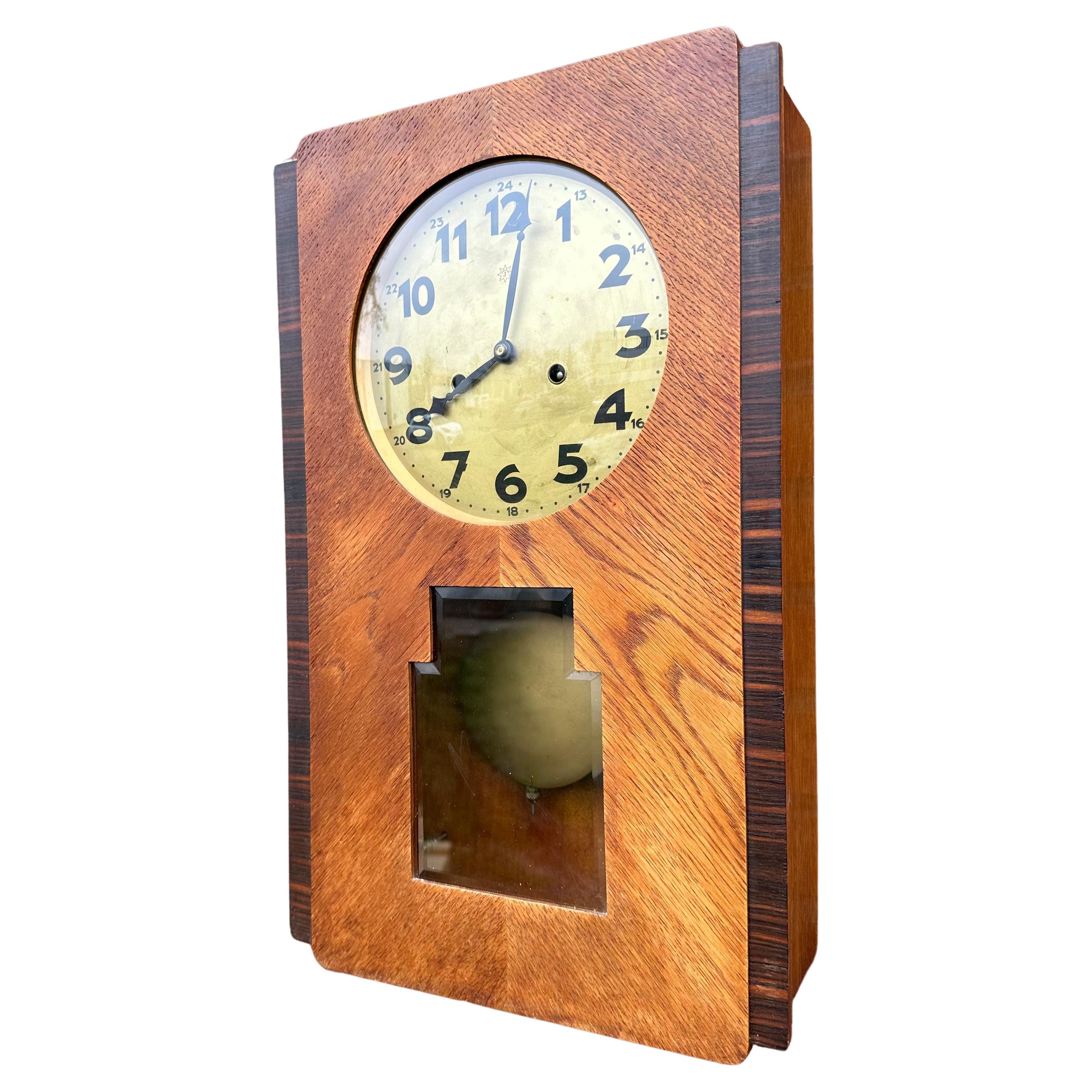 Rare Amsterdam School Geometrical Design Oak & Coromandel & Glass Wall Clock For Sale