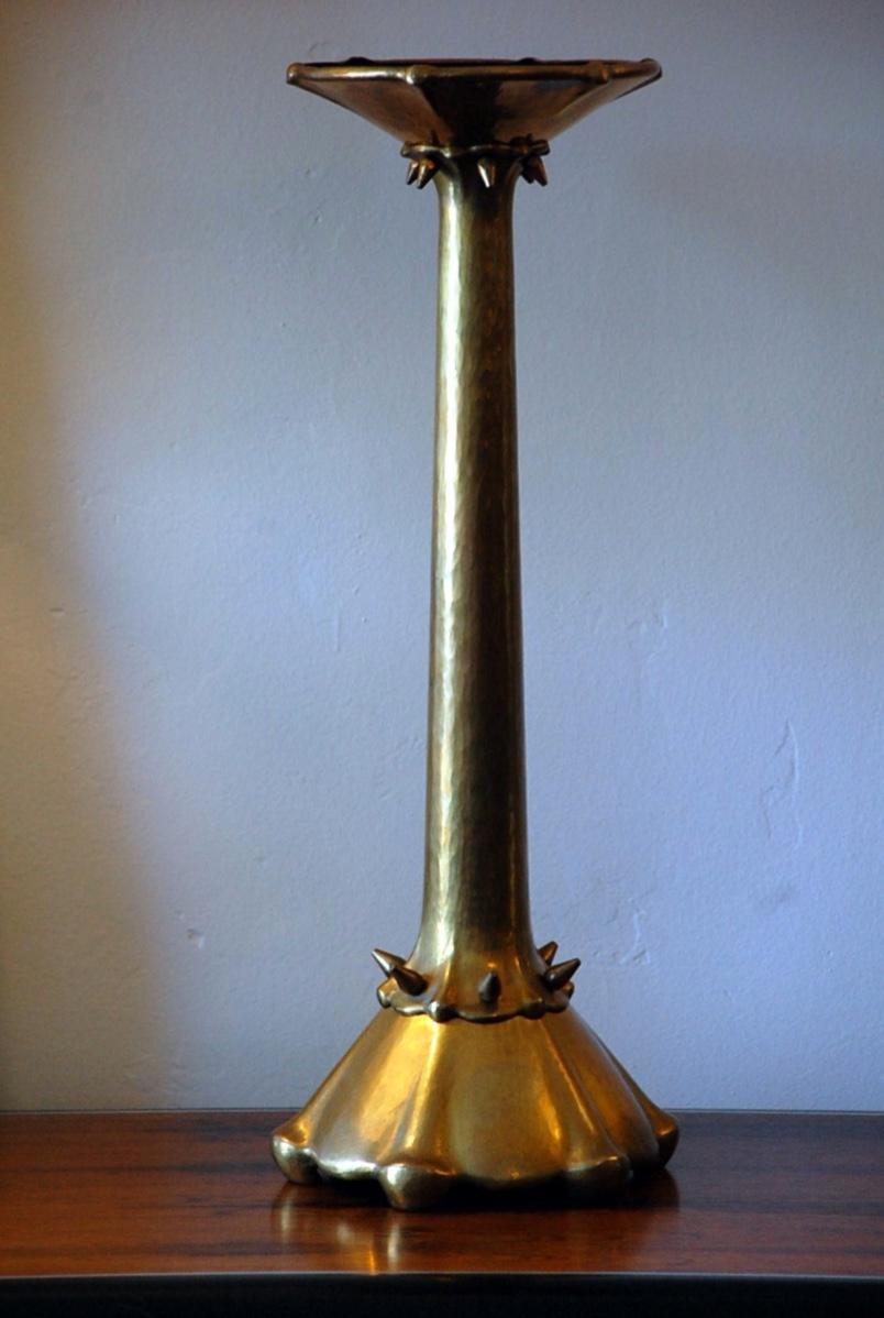 Rare Amsterdam School Hammered Brass Candlestick In Excellent Condition For Sale In Los Angeles, CA