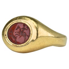 Rare Ancient Roman Gold Ring with Carnelian Intaglio Depicting a Hunting Scene