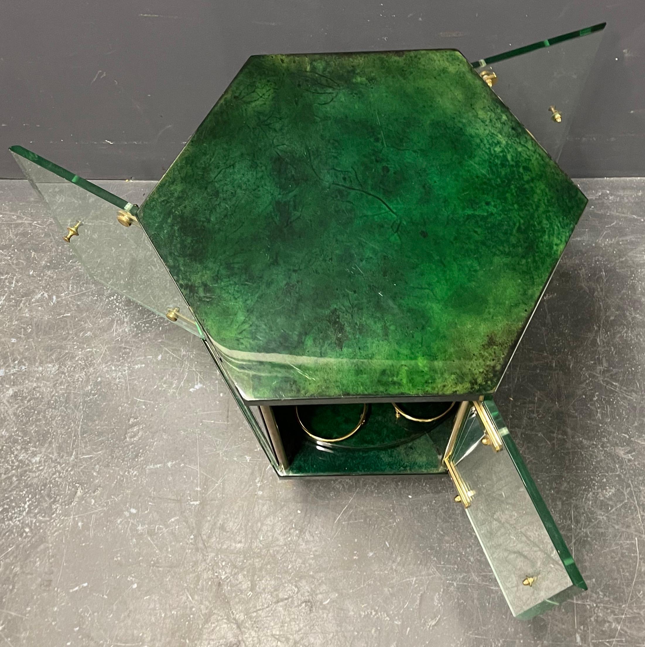 Rare and Amazing Aldo Tura Creme Goatskin Hexagonal Bar Cart For Sale 2