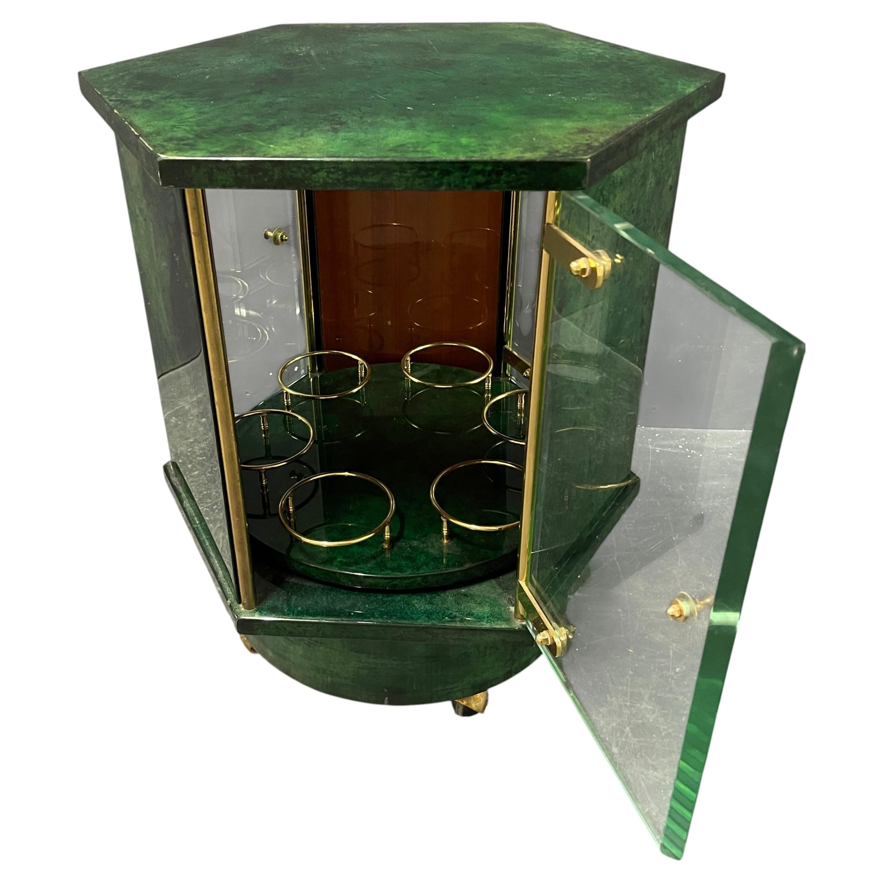 Rare and Amazing Aldo Tura green Goatskin Hexagonal Bar Cart