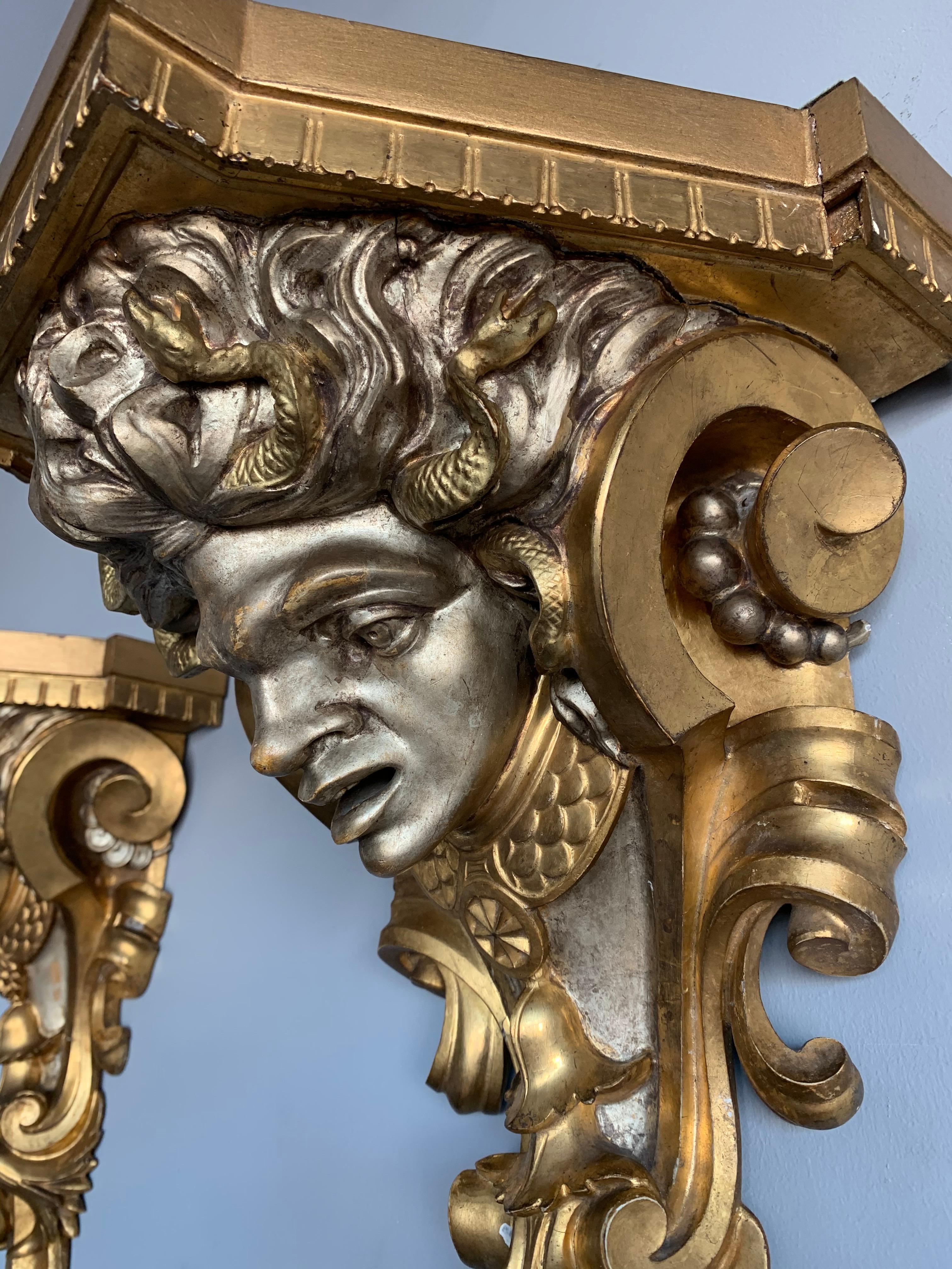 Rare and Antique Pair of Carved Gilt and Silvered Medusa Sculpture Wall Brackets 5