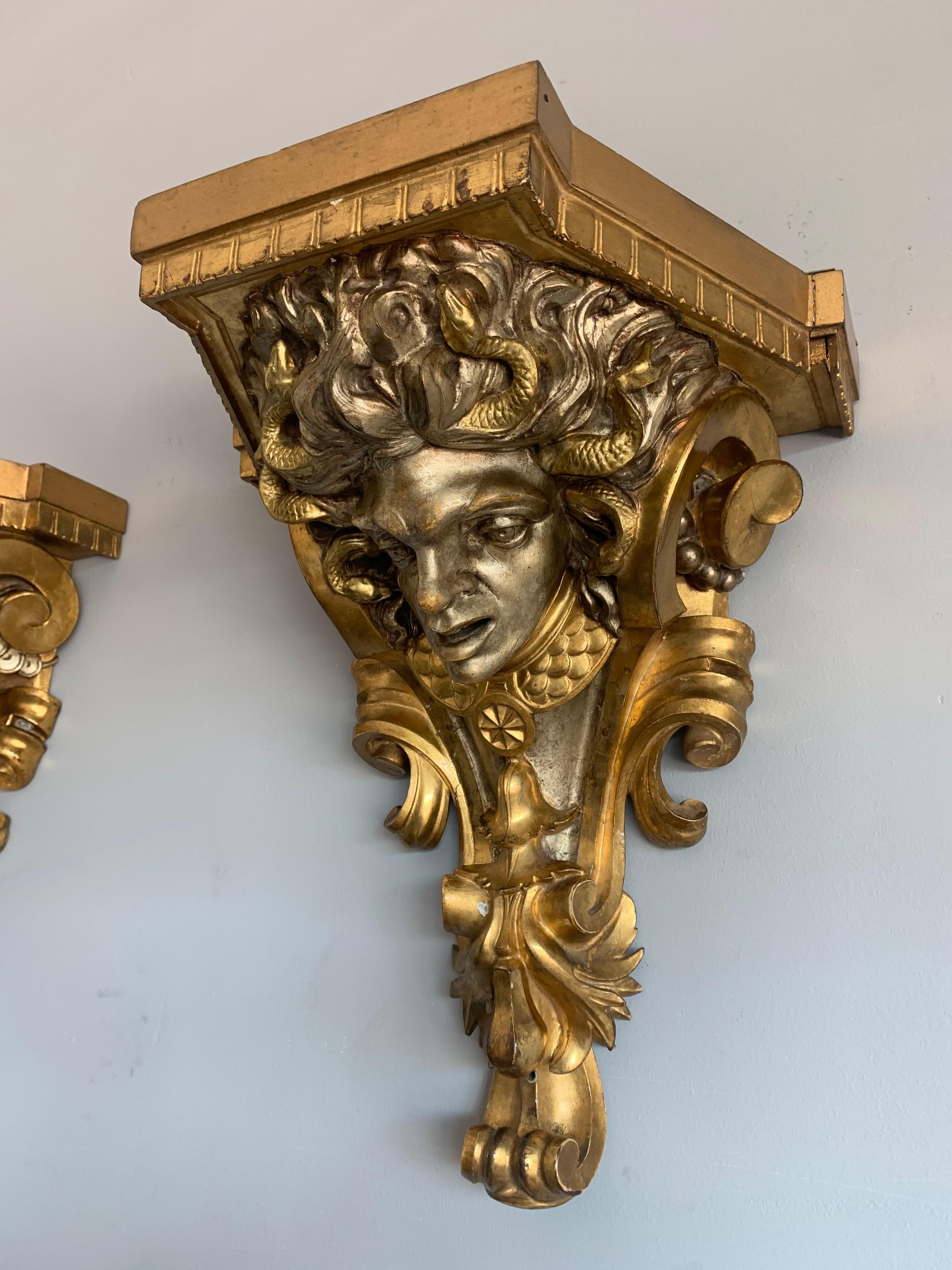 Rare and Antique Pair of Carved Gilt and Silvered Medusa Sculpture Wall Brackets 10