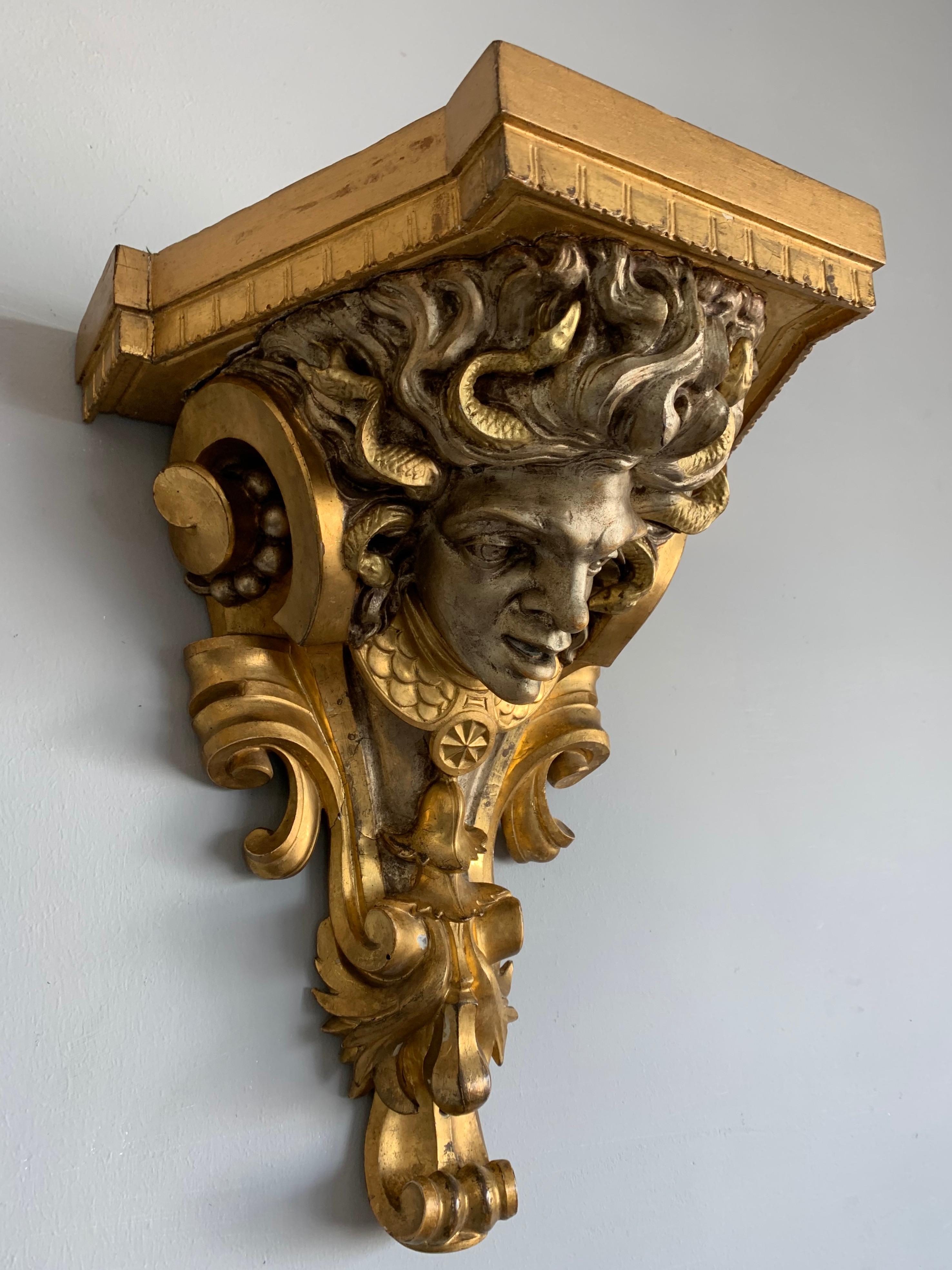 Rare and Antique Pair of Carved Gilt and Silvered Medusa Sculpture Wall Brackets 11