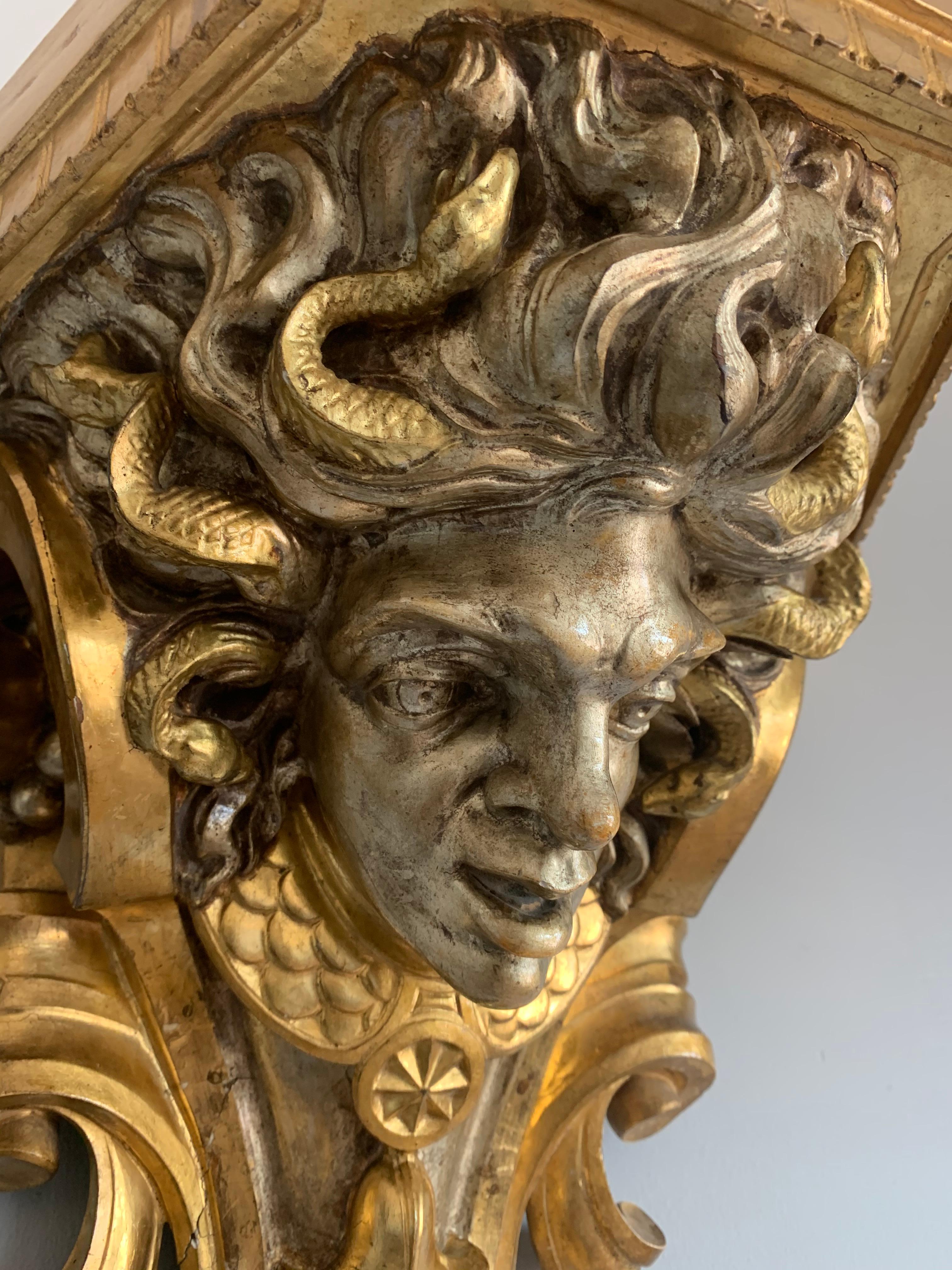 19th Century Rare and Antique Pair of Carved Gilt and Silvered Medusa Sculpture Wall Brackets