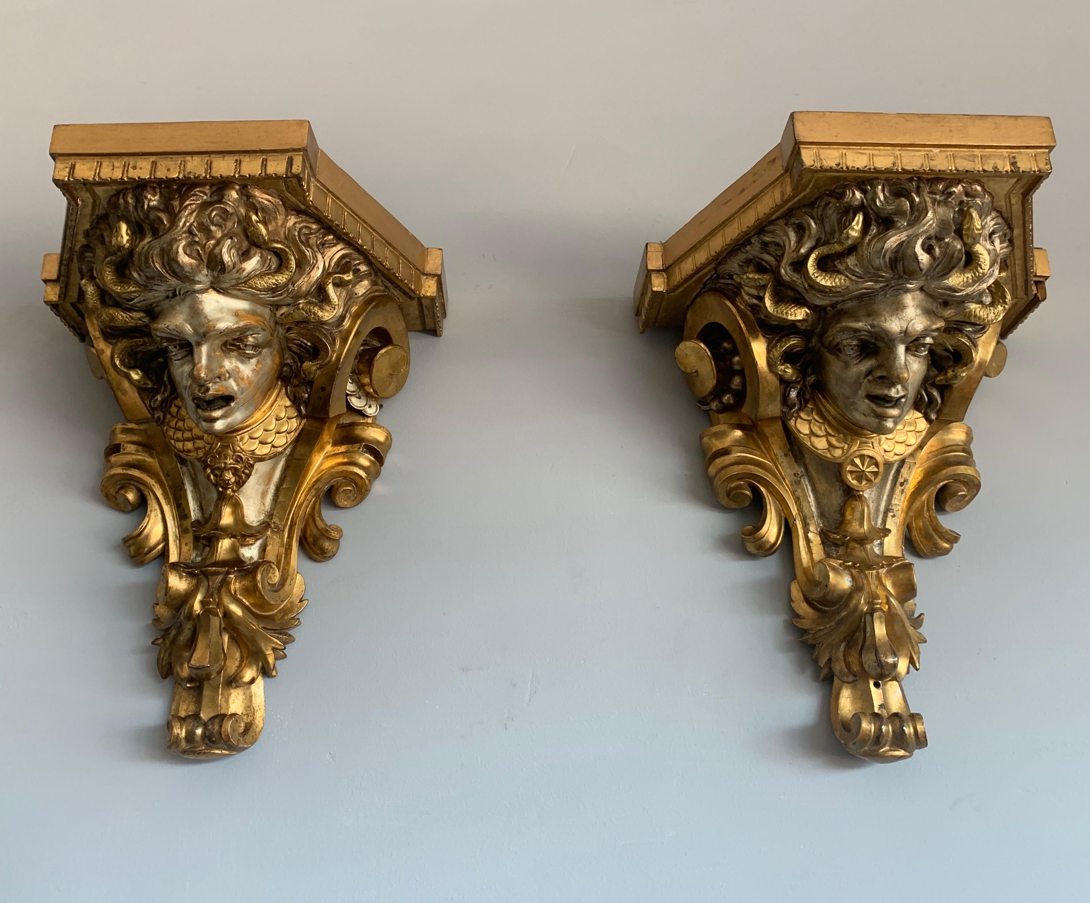 Walnut Rare and Antique Pair of Carved Gilt and Silvered Medusa Sculpture Wall Brackets