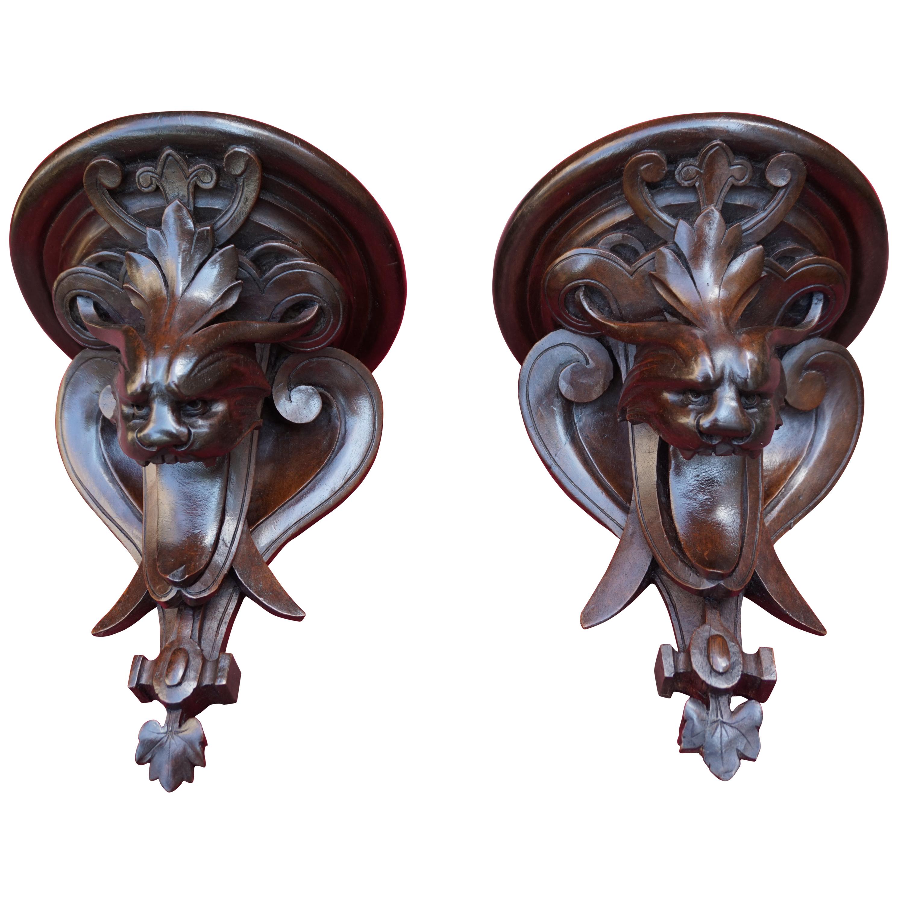 Rare and Antique Pair of Hand Carved Renaissance Revival Grotesque Wall Brackets For Sale