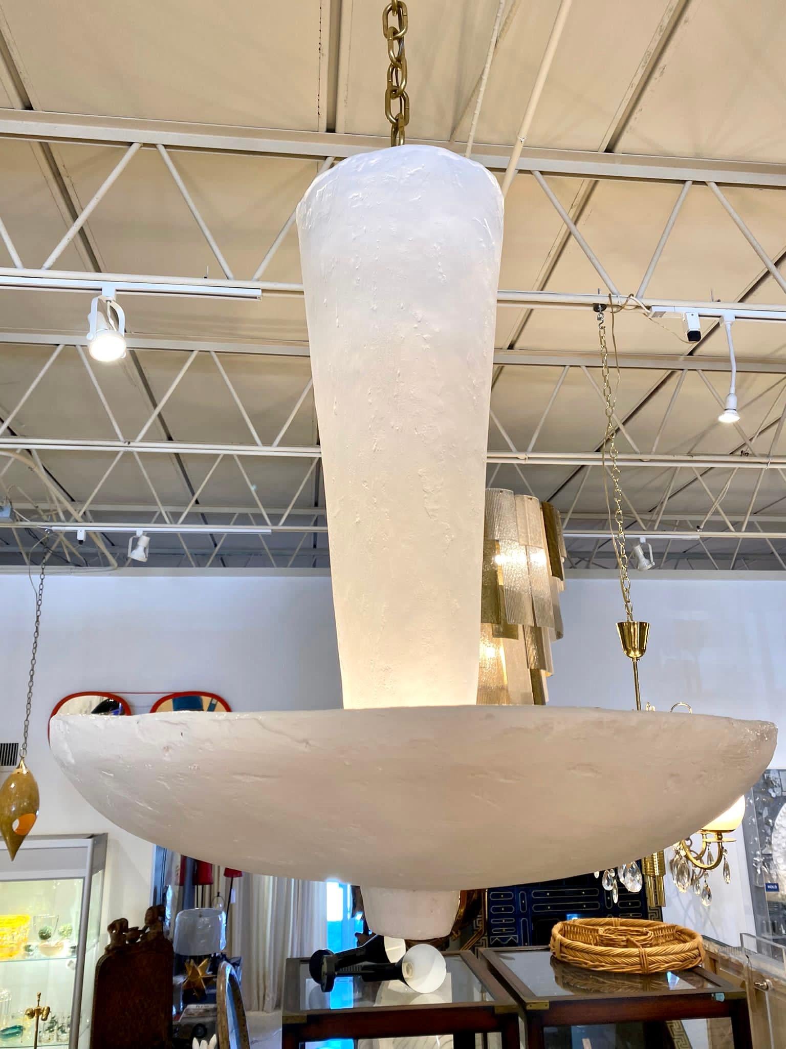 With 4 candelabra bulbs which provide a wonderful up-light and all plaster reverse hanging bowl chandelier. Plaster fixture alone is 32 inches long, with custom chain and canopy shown the drop is 60 inches - Fully adjustable to make shorter or