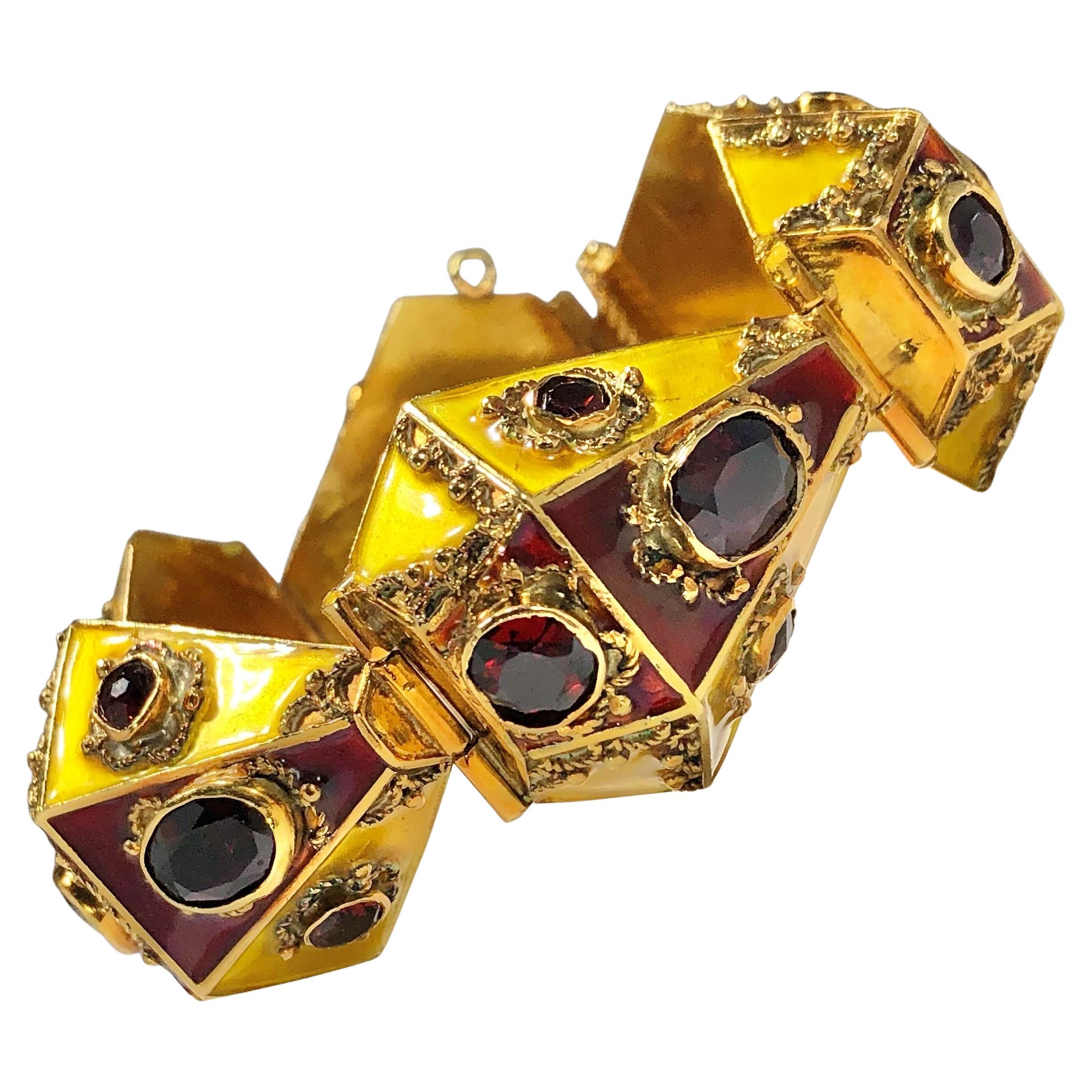 Rare and Beautiful Italian, 18k, Enamel and Garnet Etruscan Revival Bracelet For Sale