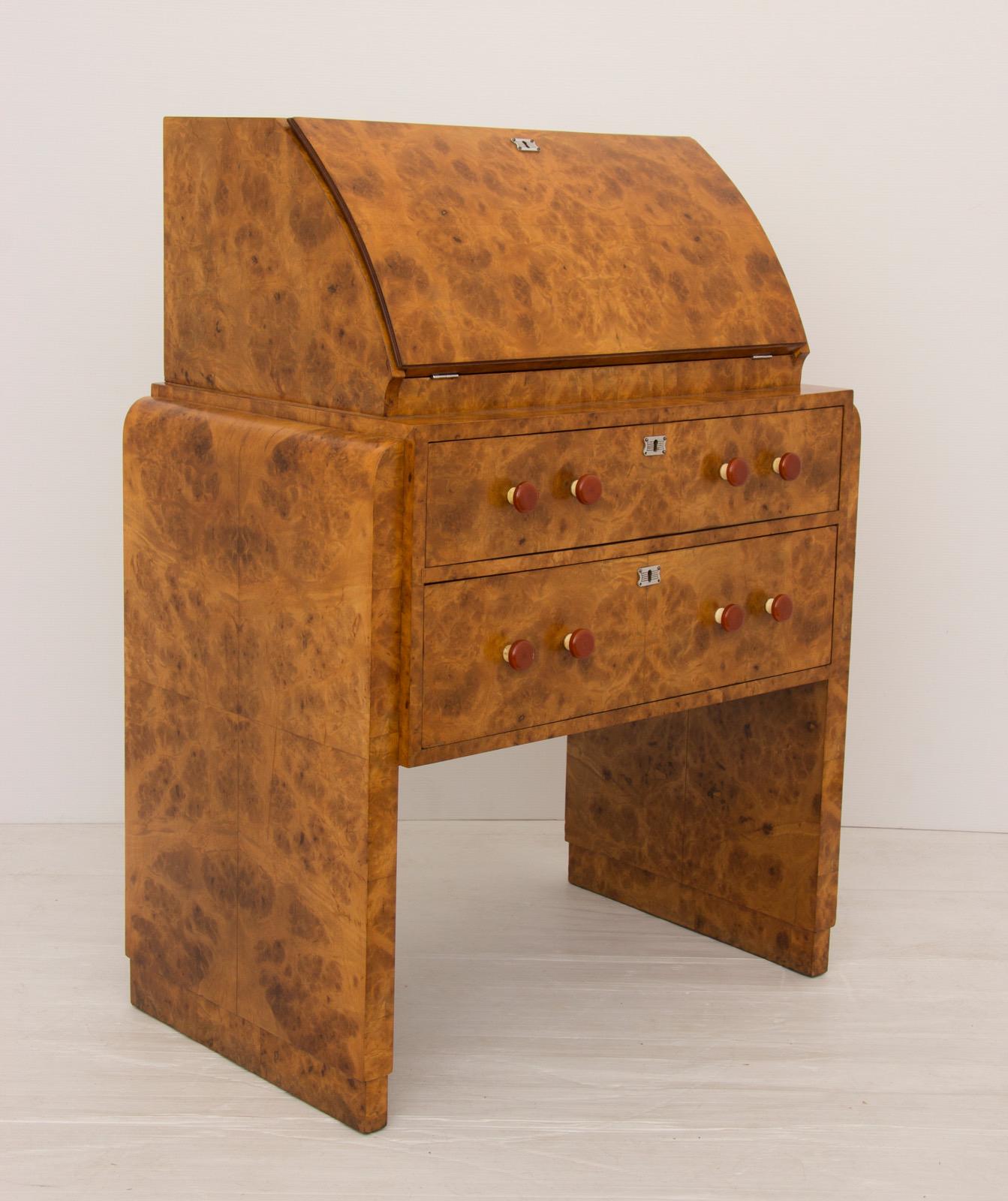 Rare and Beautiful Small Art Deco Secretaire in Burr Elm by Hille For Sale 8