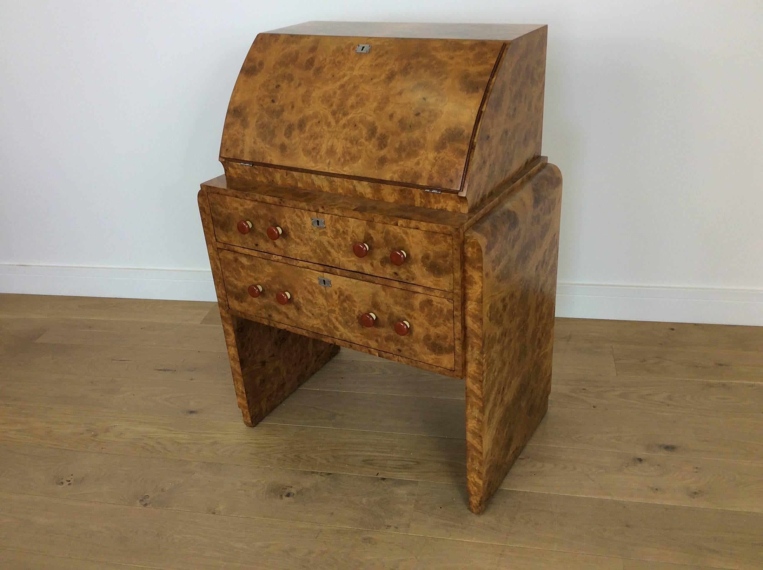 Rare and Beautiful Small Art Deco Secretaire in Burr Elm by Hille For Sale 3