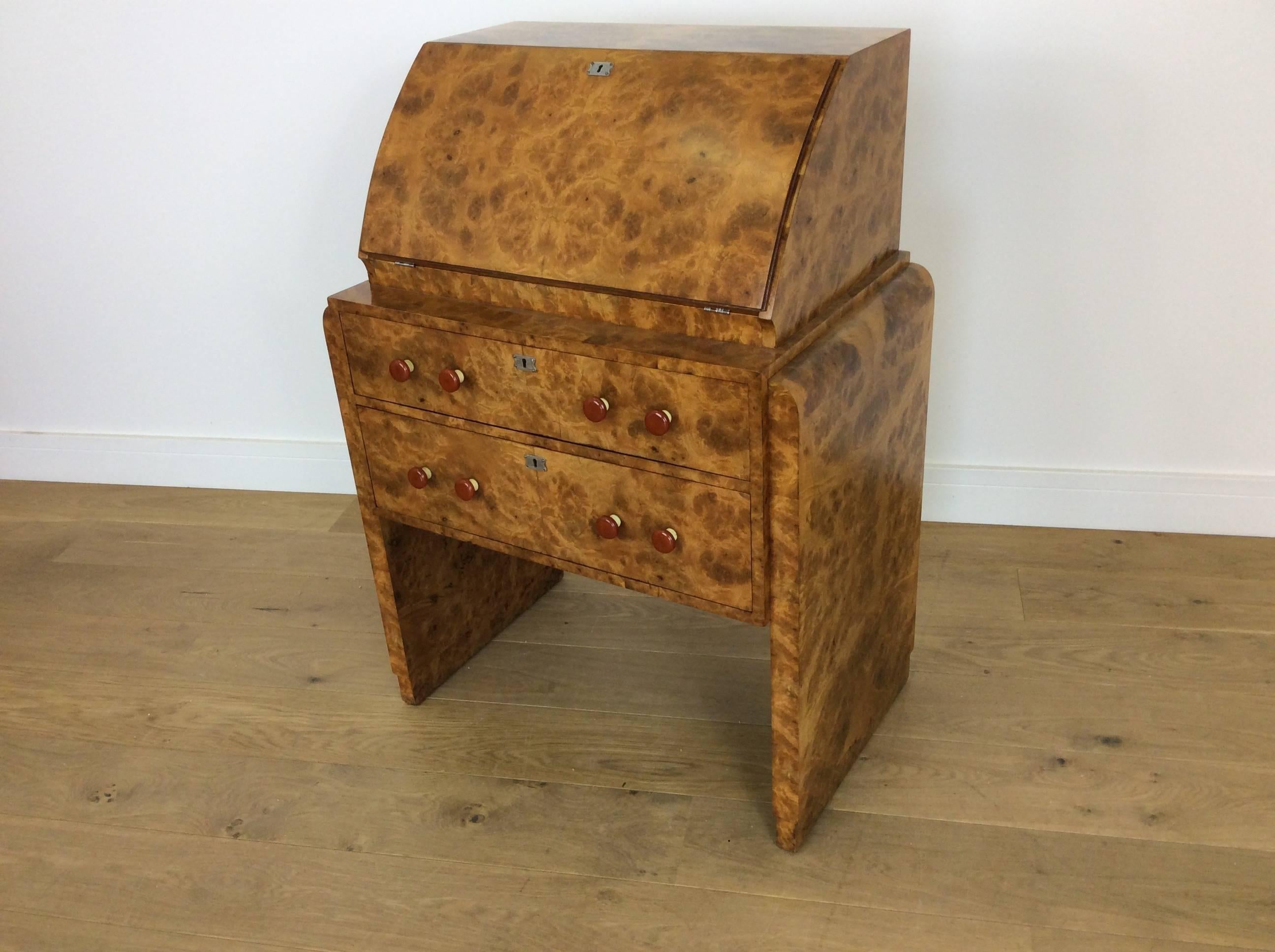 Rare and Beautiful Small Art Deco Secretaire in Burr Elm by Hille For Sale 4