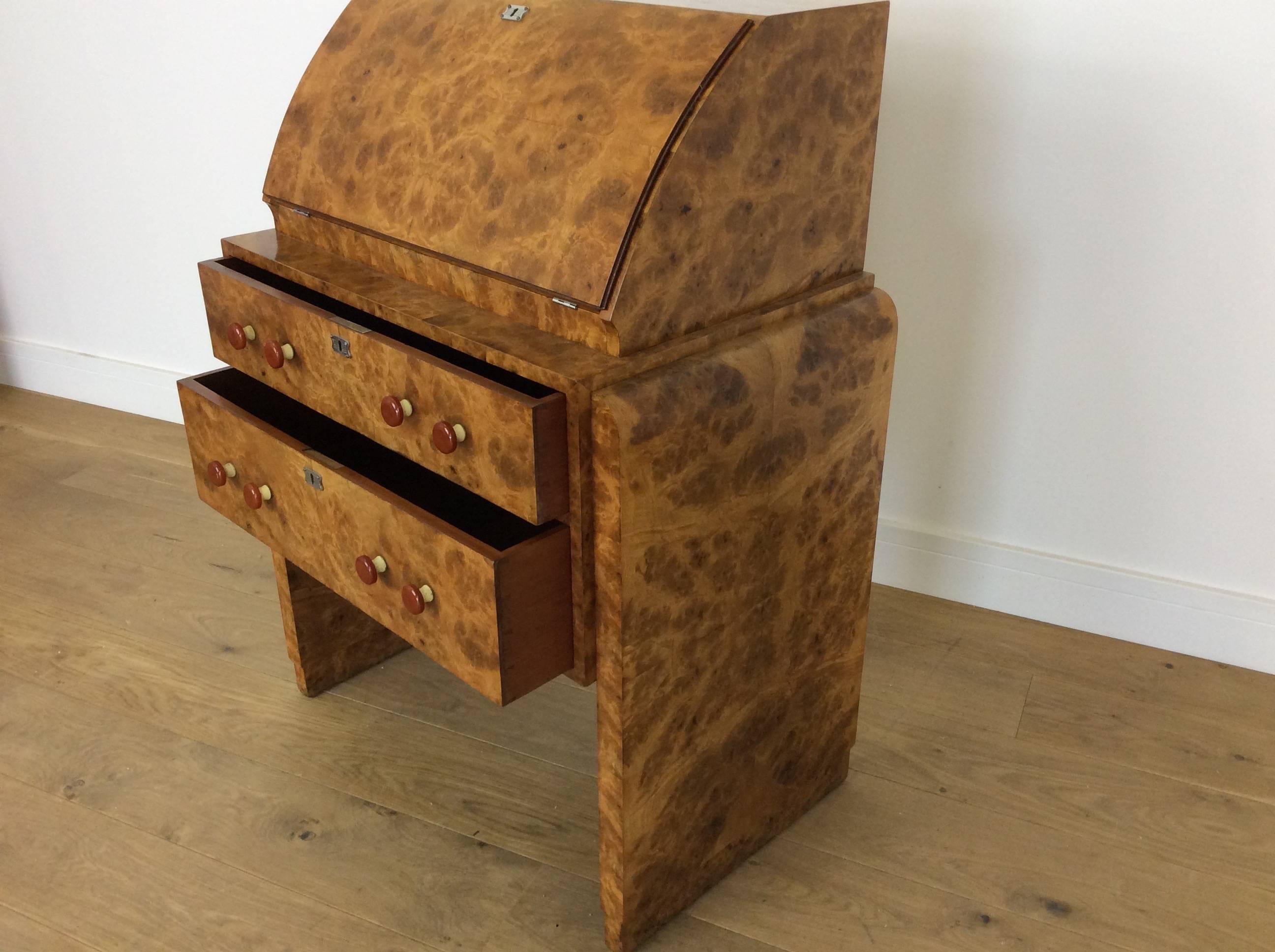 Rare and Beautiful Small Art Deco Secretaire in Burr Elm by Hille For Sale 6