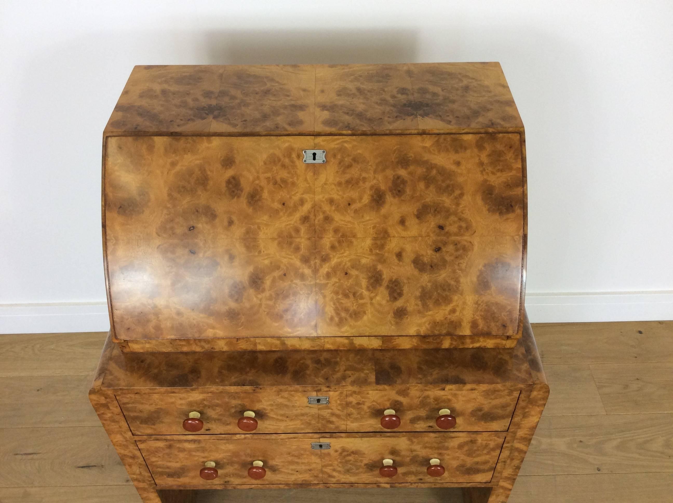 Rare and Beautiful Small Art Deco Secretaire in Burr Elm by Hille For Sale 2