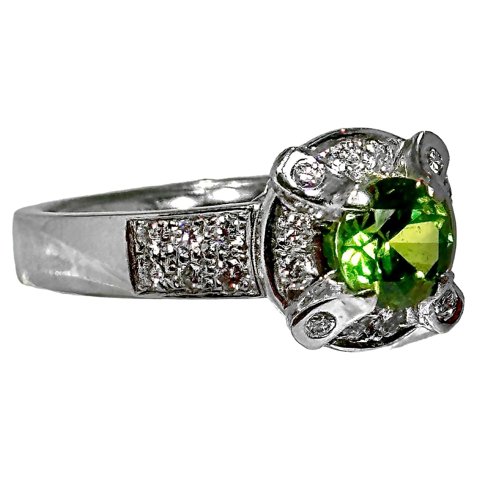 Round Cut Rare and Brilliant 1.05ct Round Demantoid Garnet in Platinum Ring with Diamonds For Sale