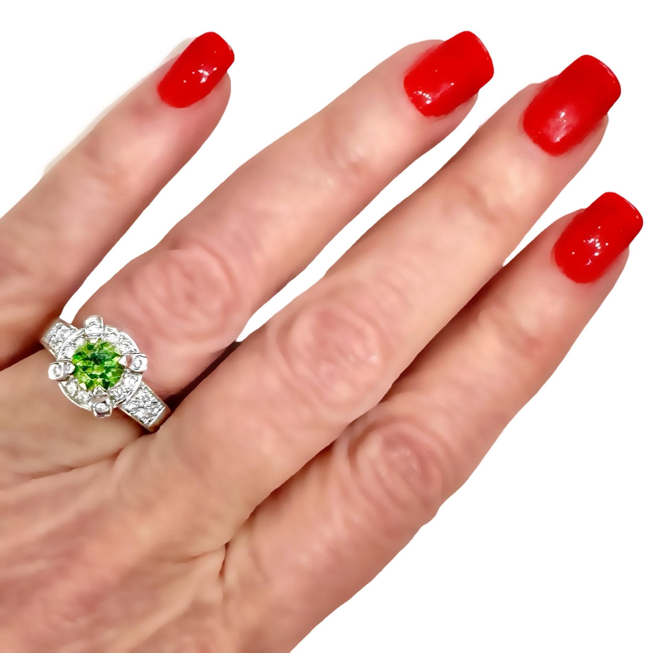 Rare and Brilliant 1.05ct Round Demantoid Garnet in Platinum Ring with Diamonds For Sale 2