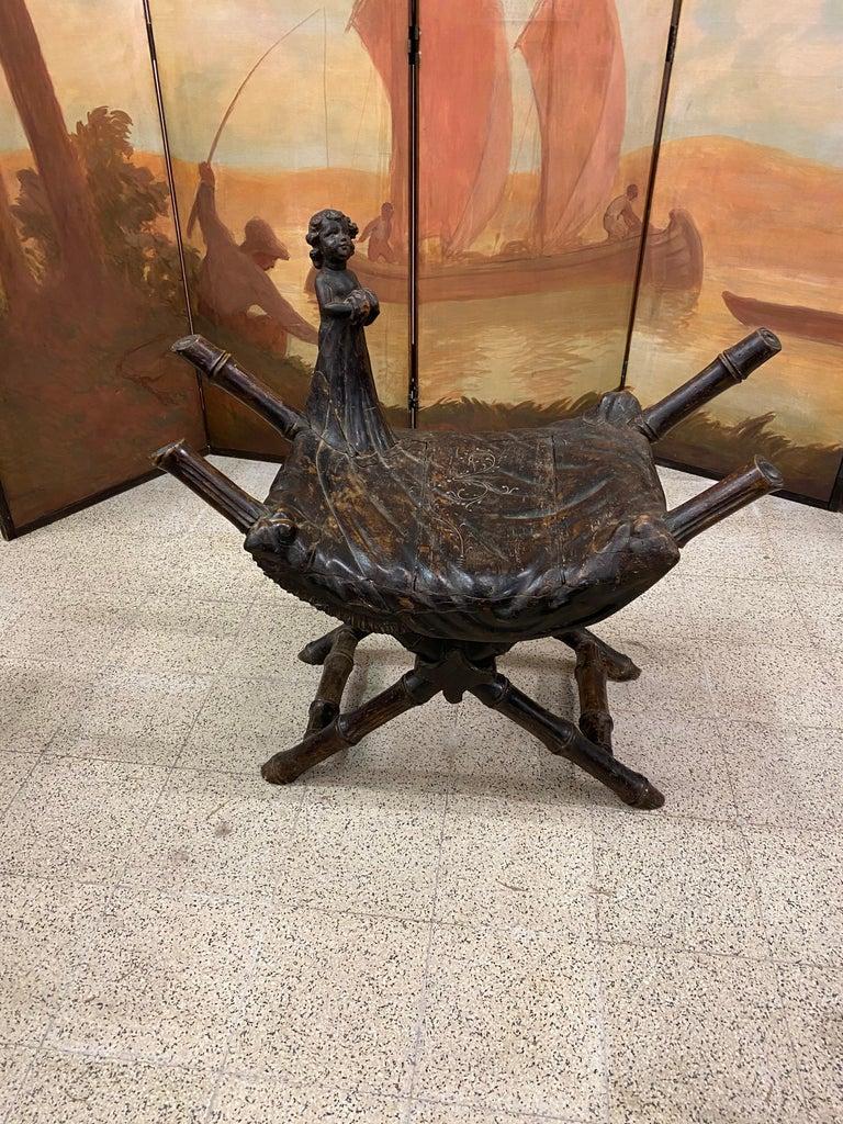 French Rare and Charming Wooden Stool, Louis XIII Style, Napoleon III Period For Sale