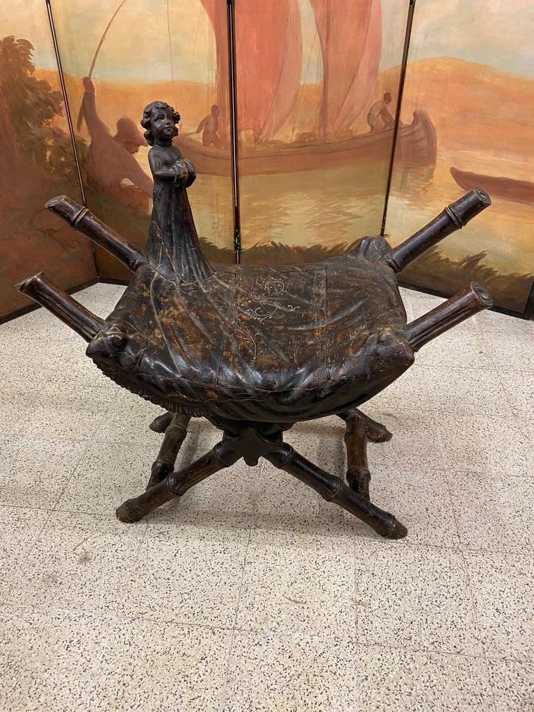 Rare and Charming Wooden Stool, Louis XIII Style, Napoleon III Period In Good Condition For Sale In Saint-Ouen, FR