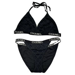 Rare and collector Chanel Cruise 1994 black quilted white logo bikini 
